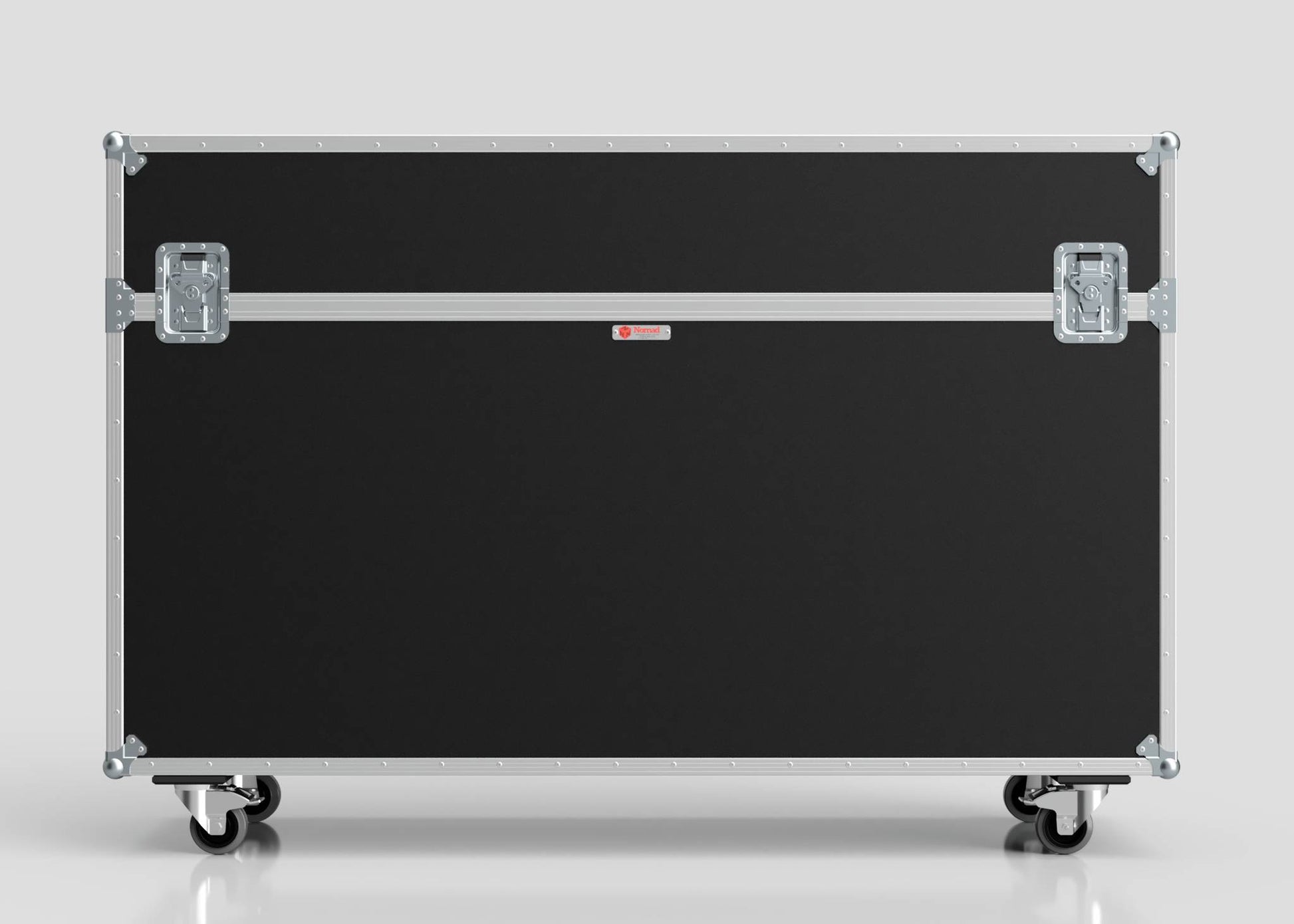 A 70" Motorised Single Screen Case in black with metal reinforced corners, four caster wheels, and two front latches, shown against a plain light background.