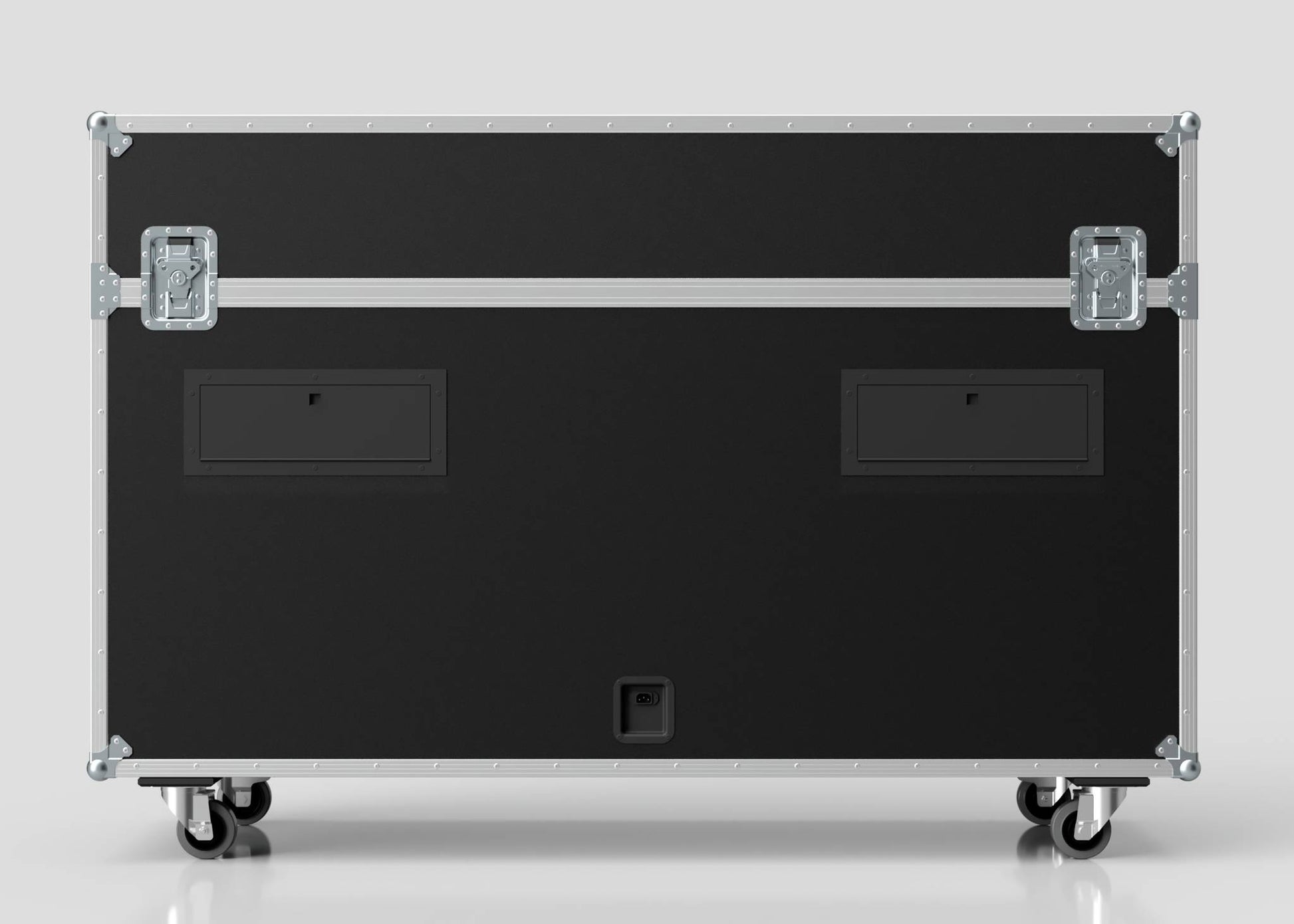 The 70" Motorised Single Screen Case is a large black road case with metal reinforcements, two handles, and four caster wheels, displayed against a plain light background.