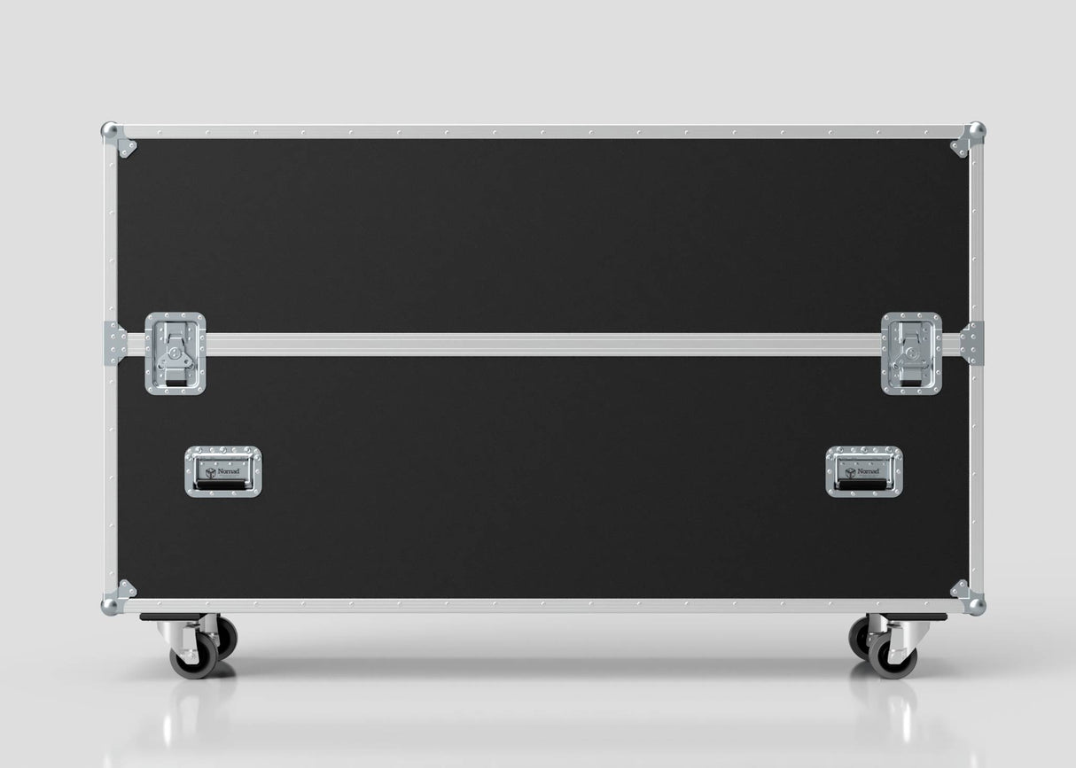 70" Single Screen Case in black with metal edges, latches, and handles, shown on four caster wheels against a plain light background.