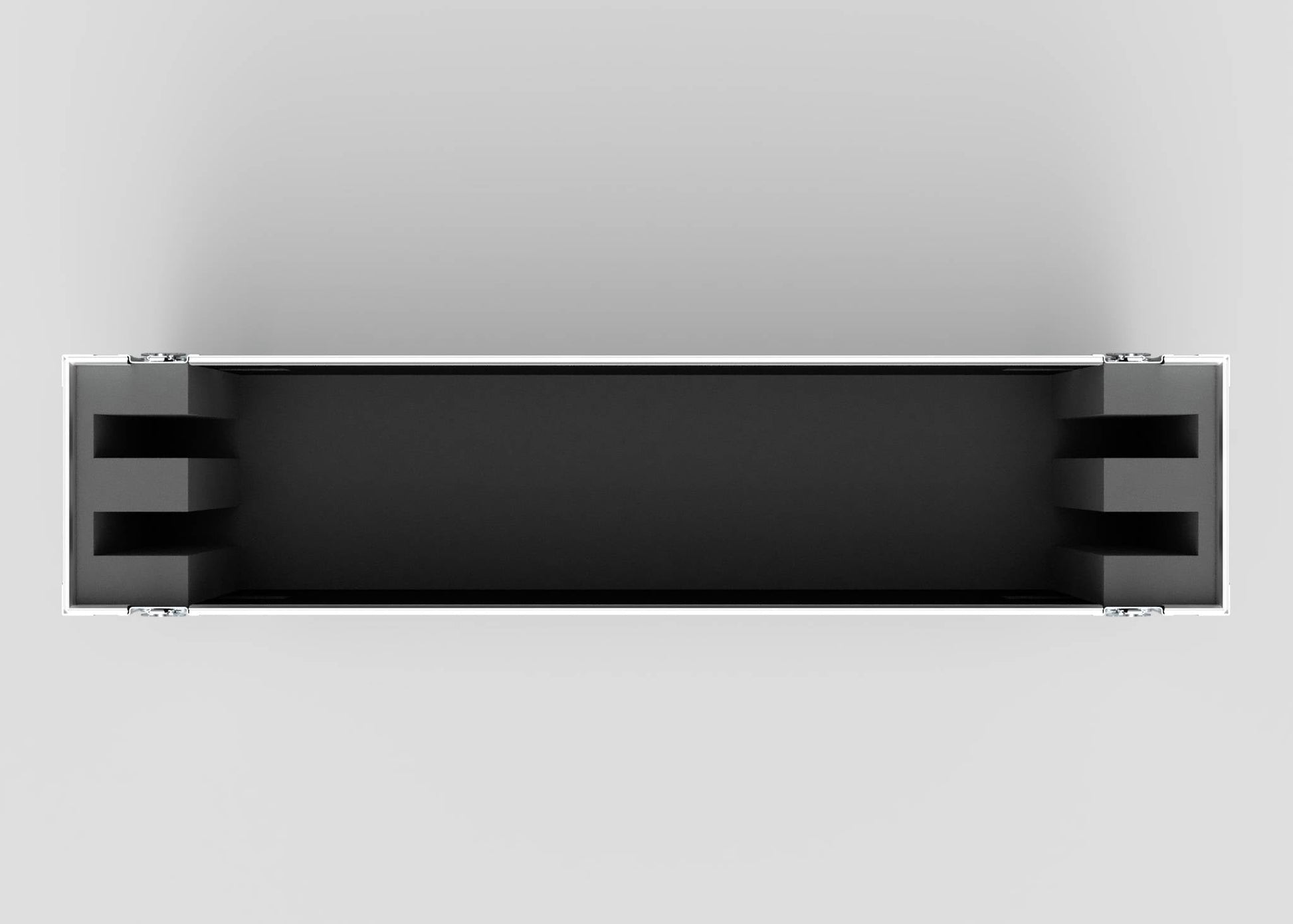 Top view of an empty 75" Double Screen Case—rectangular, black, with a hard exterior and fitted interior compartments at both ends.