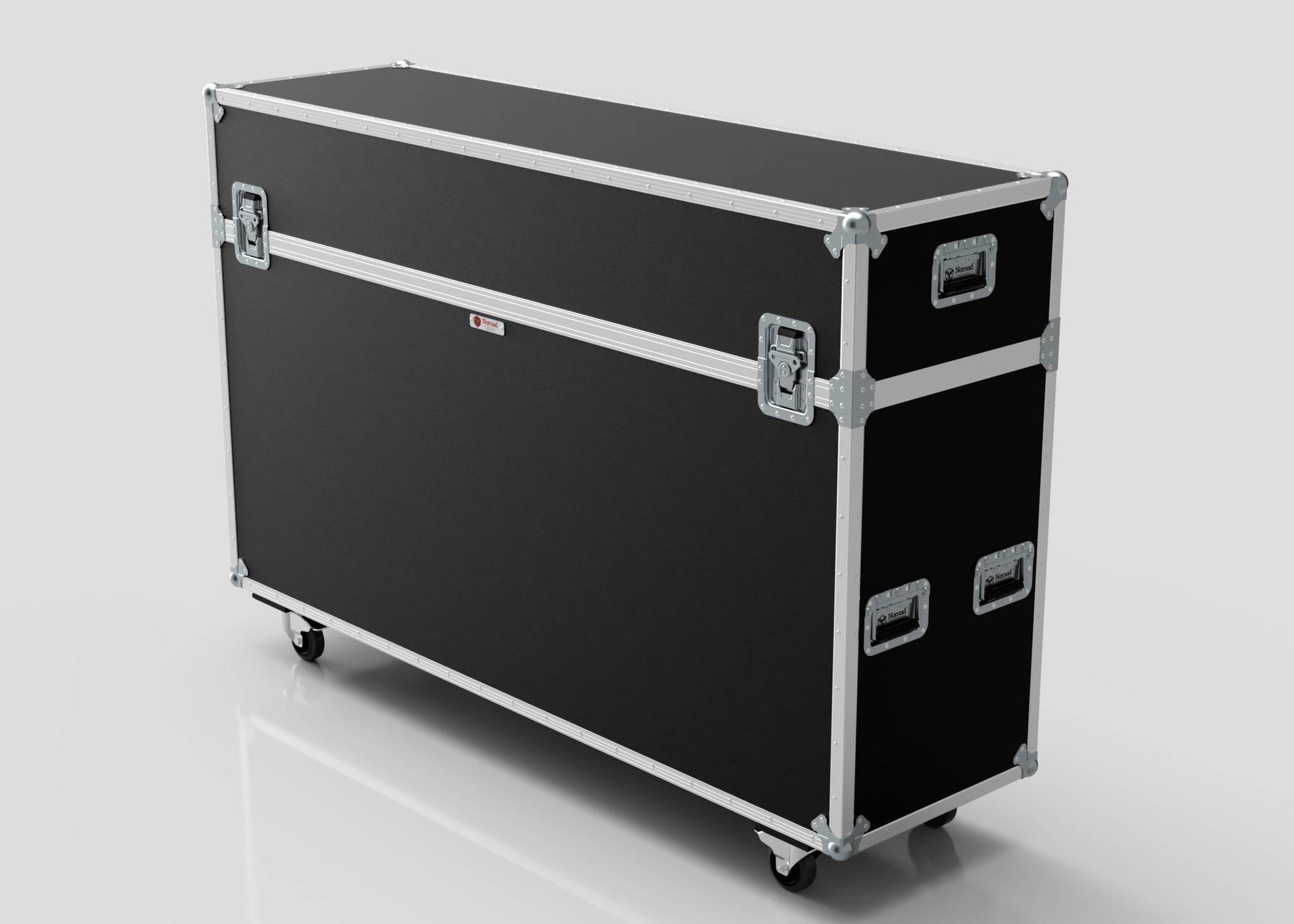 The 75" Motorised Single Screen Case is a large rectangular black equipment case with metal edges, corners, latches, handles, and caster wheels, shown on a plain white background.
