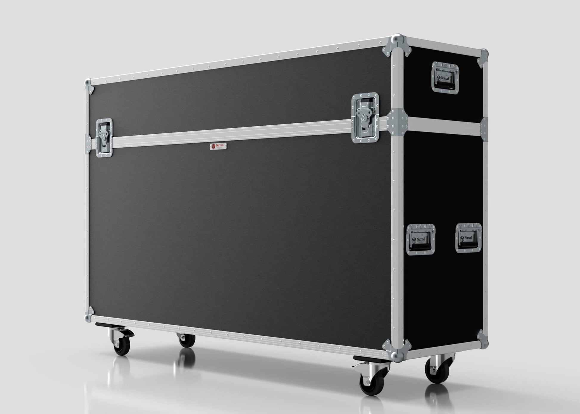 A 75" Motorised Single Screen Case, featuring a large black design with metal corners, handles, and four caster wheels, stands on a white surface.