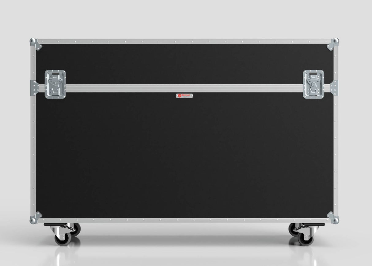 The 75" Motorised Single Screen Case is a large black rectangular case with silver metal edges, two latches, and four caster wheels, set against a plain light background.