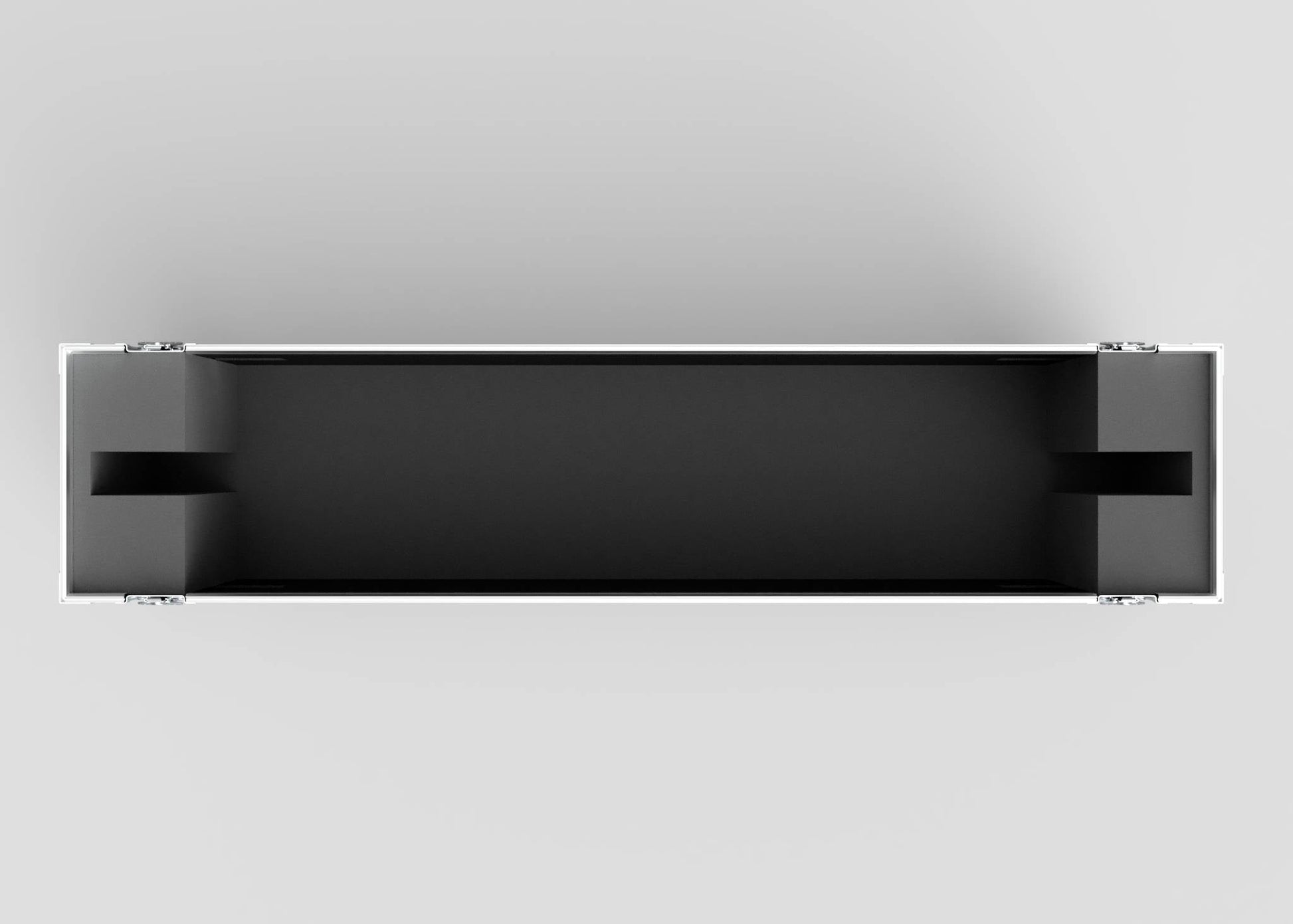 Top view of an empty 75" Single Screen Case, rectangular and metal with a dark interior and two protrusions on each end, set against a plain light background.