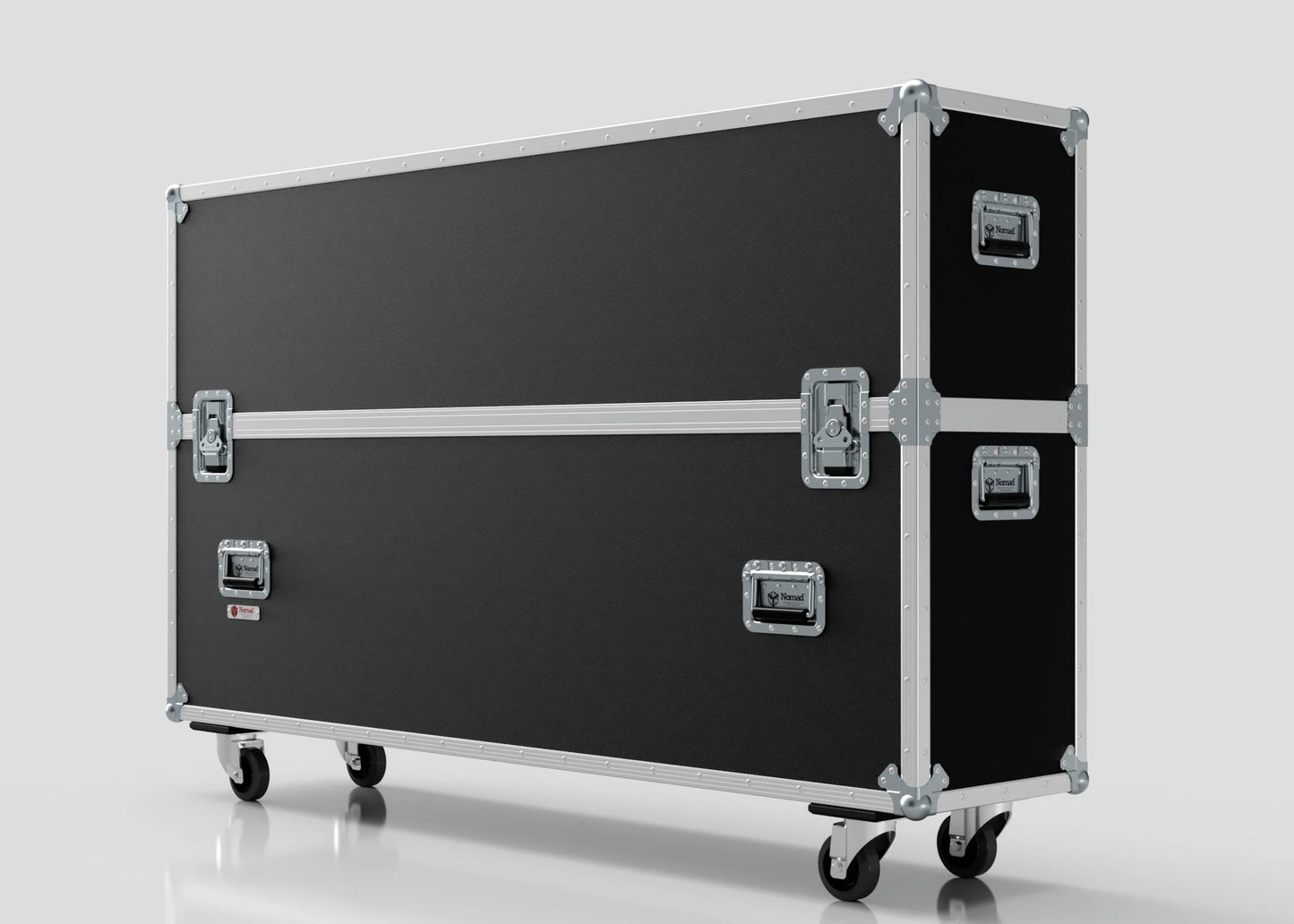The 75" Single Screen Case, a large black rectangular case with metal edges, handles, latches, and four caster wheels, is shown against a plain background.