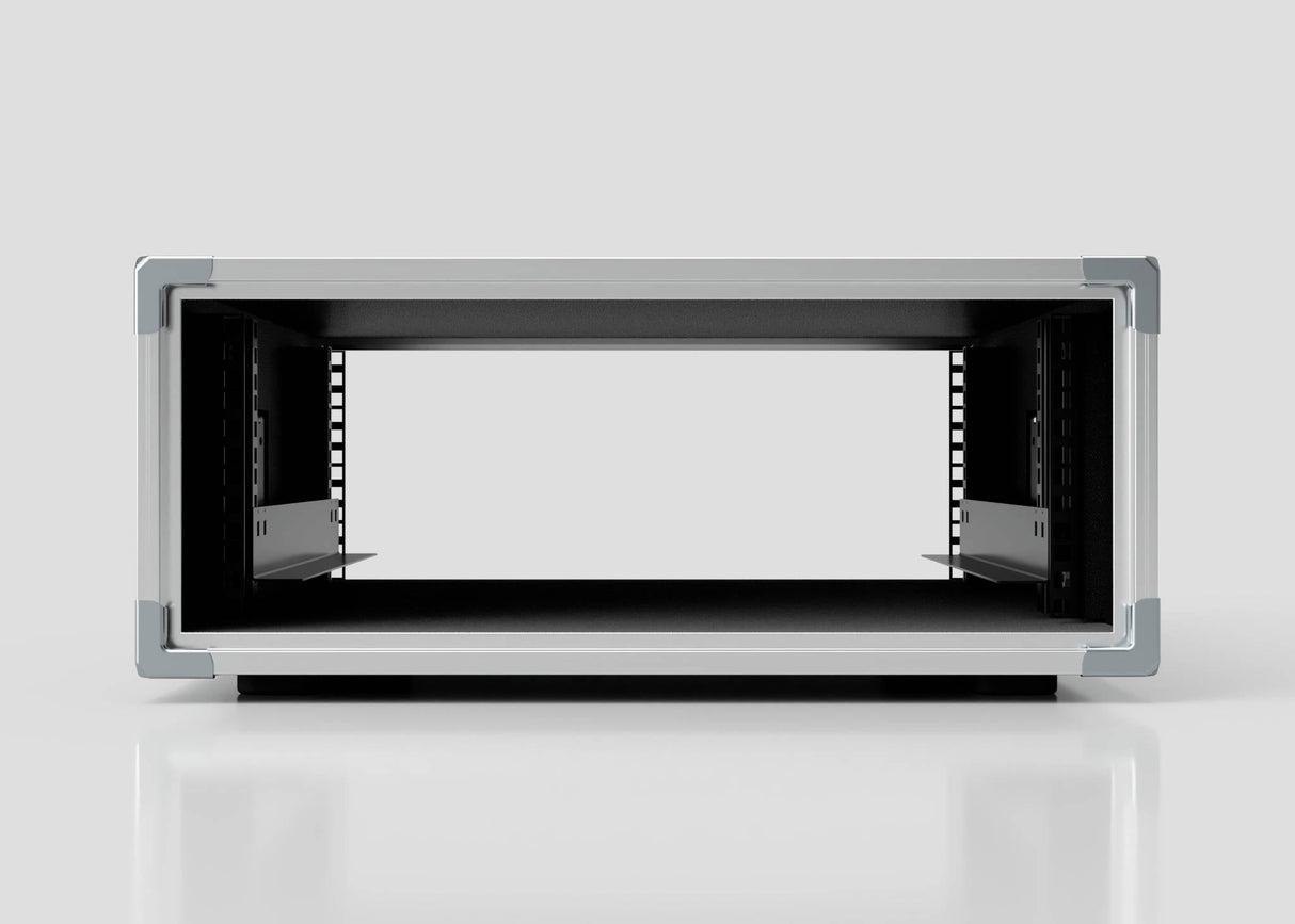 Front view of an empty 7U Slam Rack Case server chassis with mounting rails, set against a plain light background.