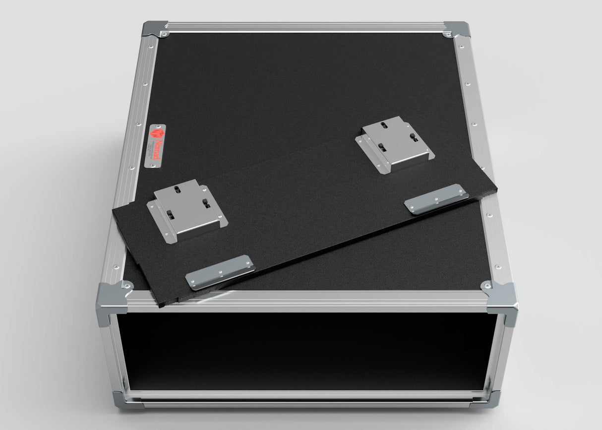 The 7U Slam Rack Case is a black and silver rectangular equipment case with a partially detached removable front panel, revealing an empty interior.