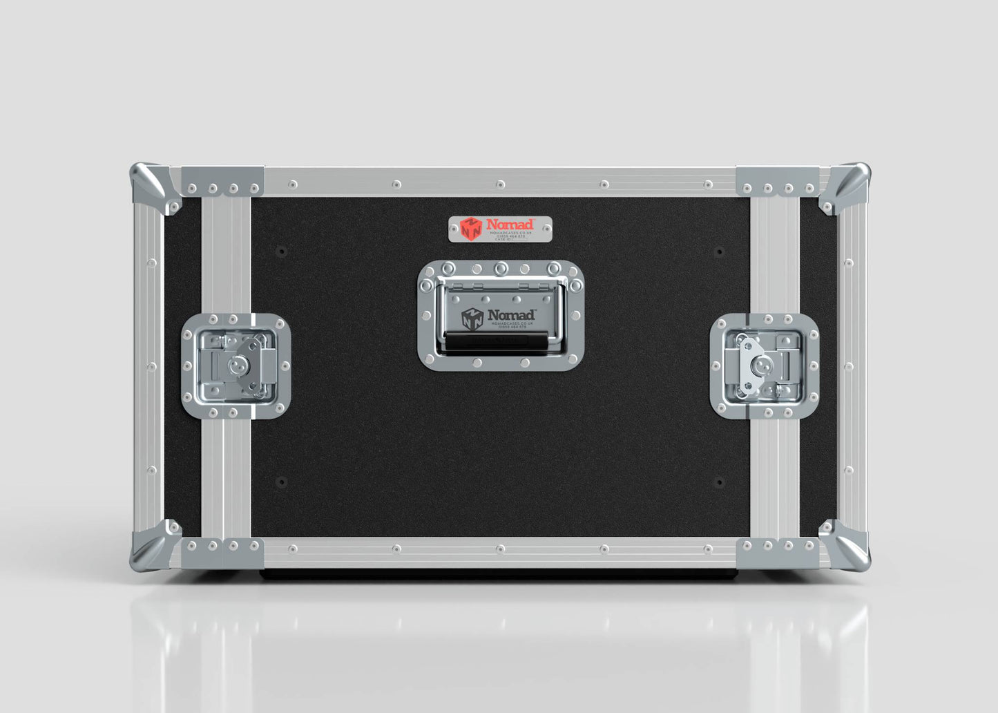 The 7U Standard Rack Case features a black and silver rugged design with metal reinforcements, riveted edges, handles, and latch closures—UK manufactured by Nomad for reliable equipment protection.