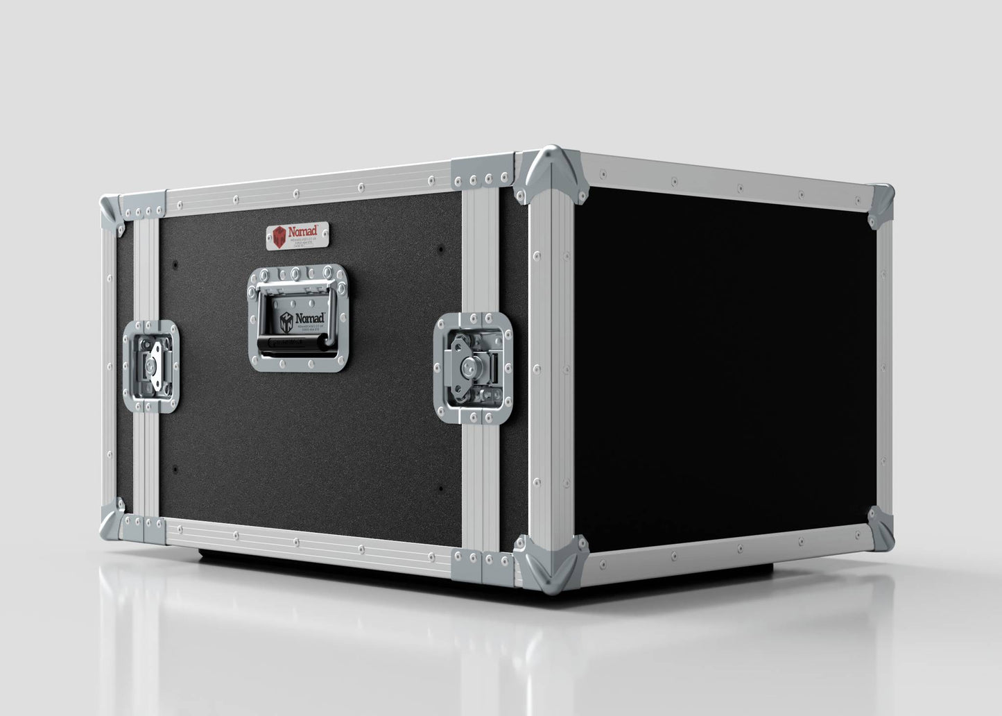 The 7U Standard Rack Case is a black and silver hard case with reinforced metal corners and handles, designed for secure equipment transport or storage, featuring UK-manufactured rack quality for reliability.