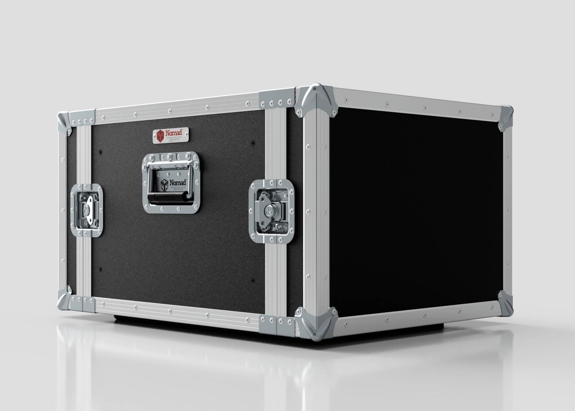 The 7U Standard Rack Case is a black and silver hard case with reinforced metal corners and handles, designed for secure equipment transport or storage, featuring UK-manufactured rack quality for reliability.