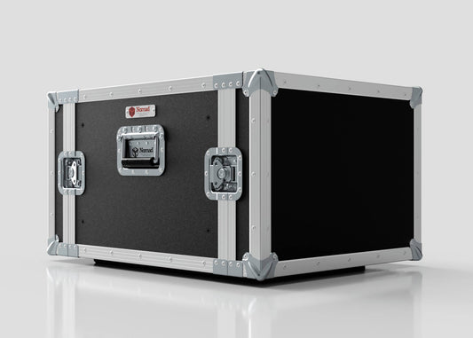 The 7U Standard Rack Case is a black and silver hard case with reinforced metal corners and handles, designed for secure equipment transport or storage, featuring UK-manufactured rack quality for reliability.