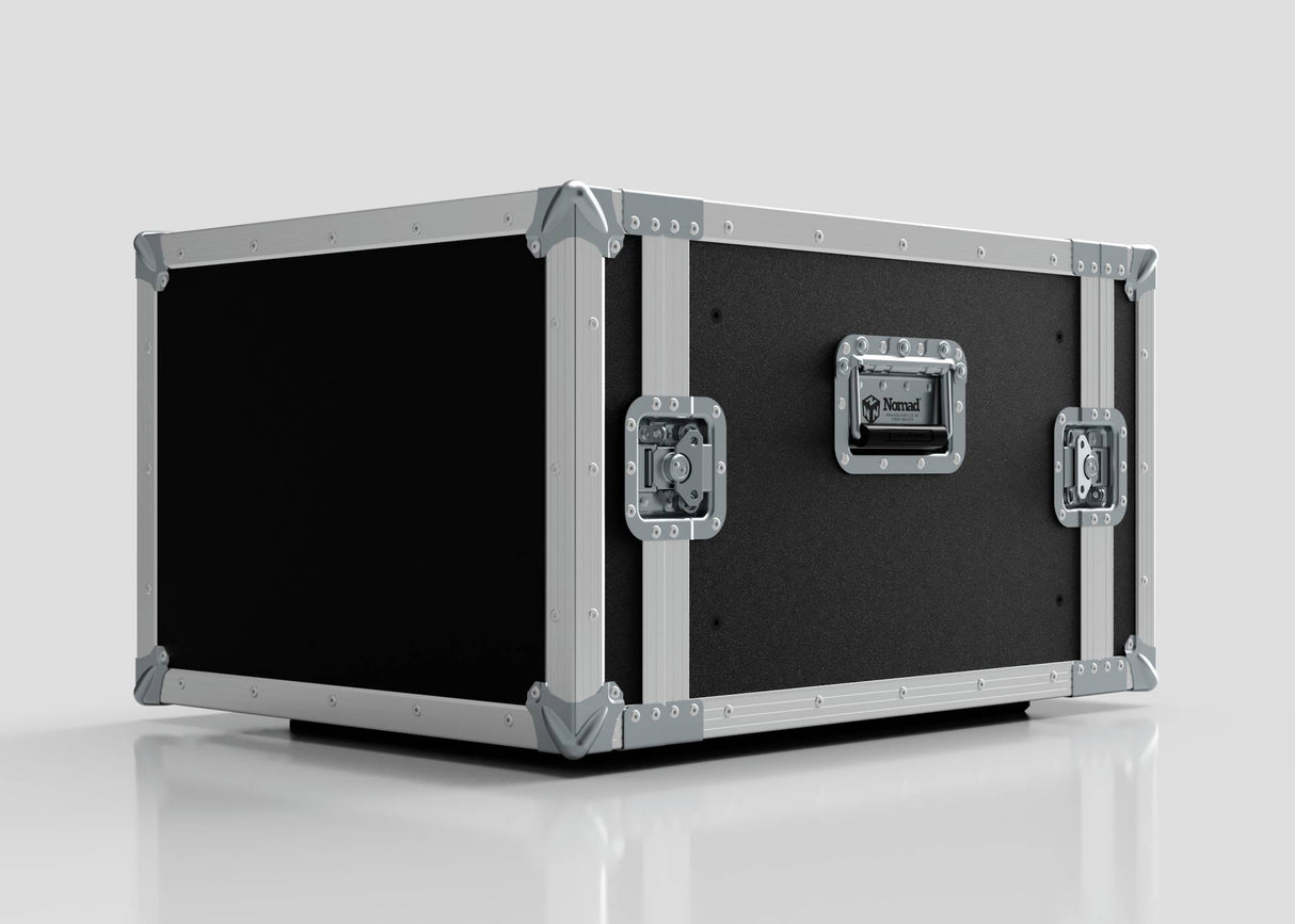 The 7U Standard Rack Case, a large black and silver UK-made unit with metal reinforcements, latches, and a handle, sits on a white surface against a plain background.