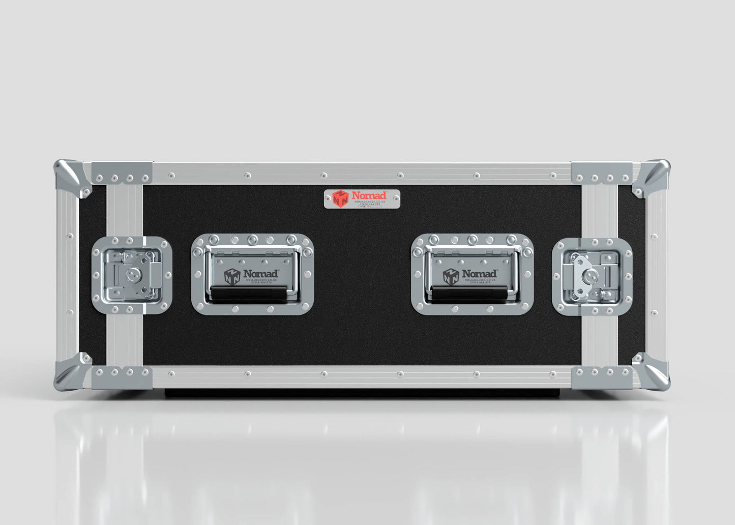The 7U Suspended Shock Mounted Rack Case features a black and silver metal build with reinforced corners, metal latches, Nomad logo, and anti-vibration mounts for secure equipment, shown on a reflective white surface.