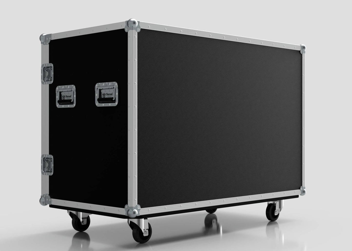 The 8 Way Euro Crate And 6 Stanley Fatmax Case is a large black road case with metal edges, handles, and latches, mounted on four caster wheels, shown on a plain light background.