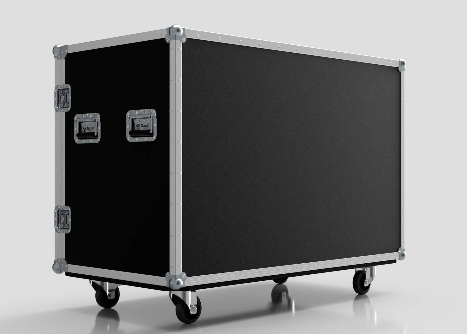 The 8 Way Euro Crate And 6 Stanley Fatmax Case is a large black road case with metal edges, handles, and latches, mounted on four caster wheels, shown on a plain light background.