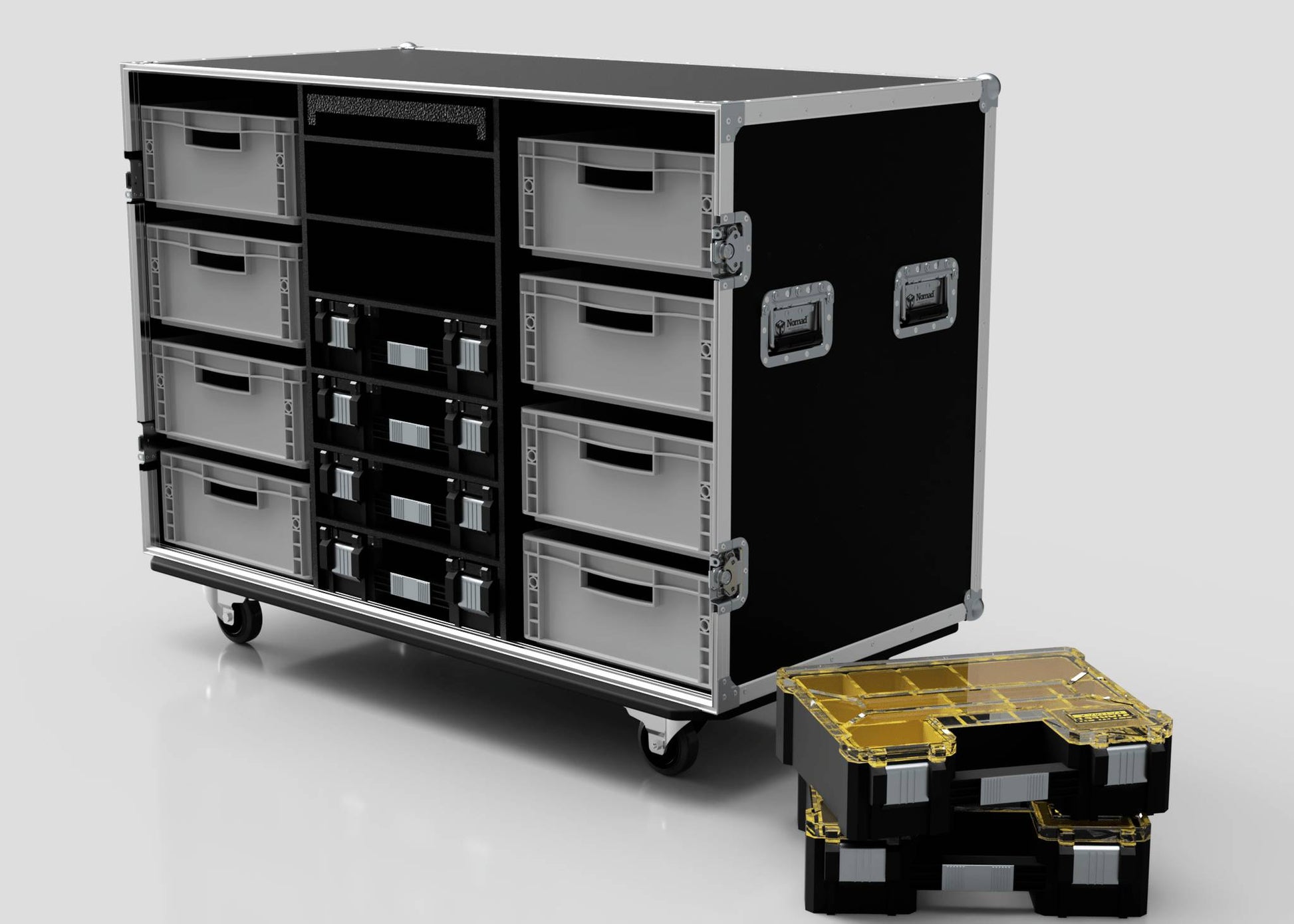 An 8 Way Euro Crate storage case with multiple drawers is displayed, with six Stanley Fatmax Cases featuring transparent lids placed on the floor beside it.