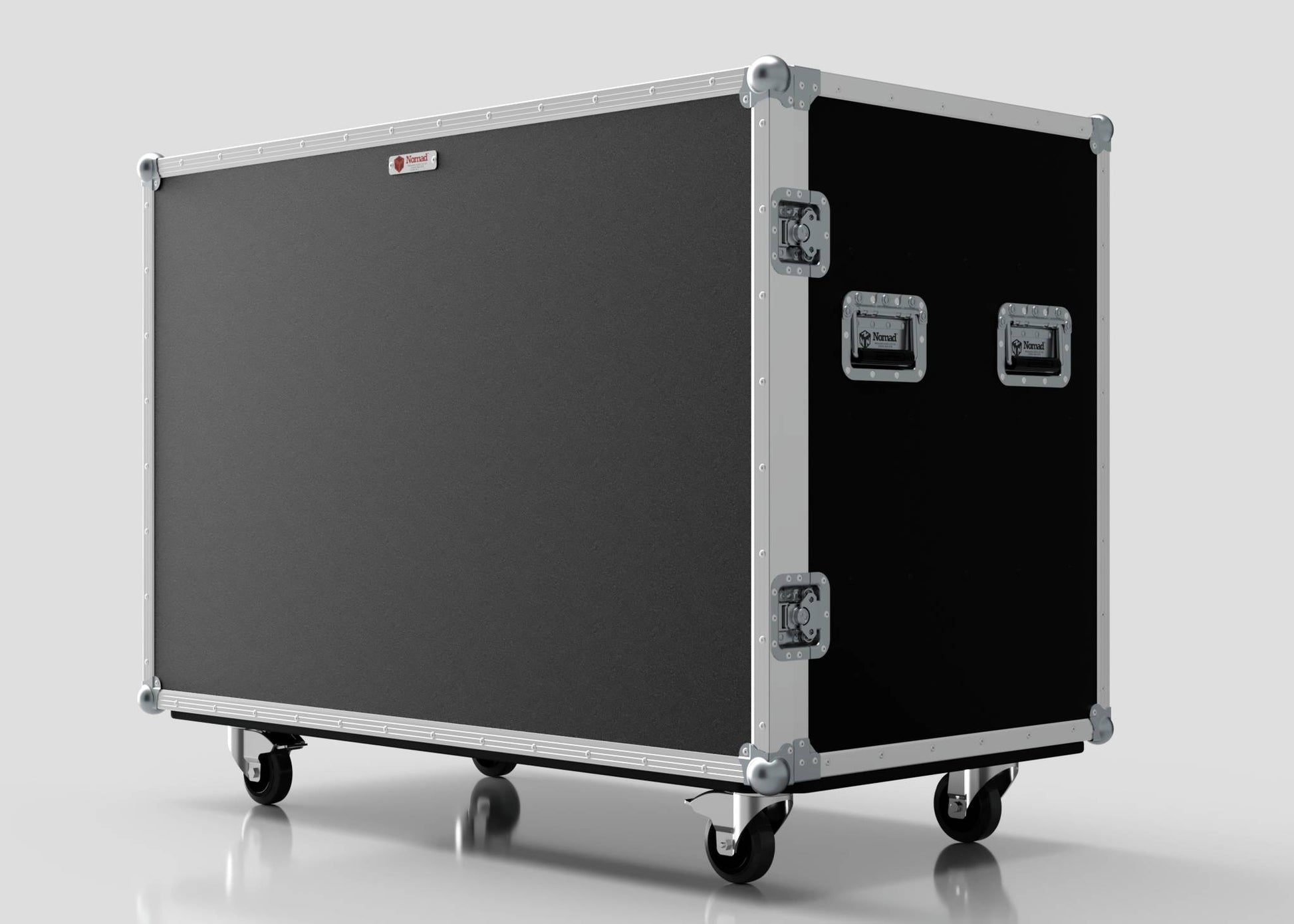 The 8 Way Euro Crate And 6 Stanley Fatmax Case, a large black flight case with metal edges, corner protectors, handles, latches, and four caster wheels, is set against a plain background.