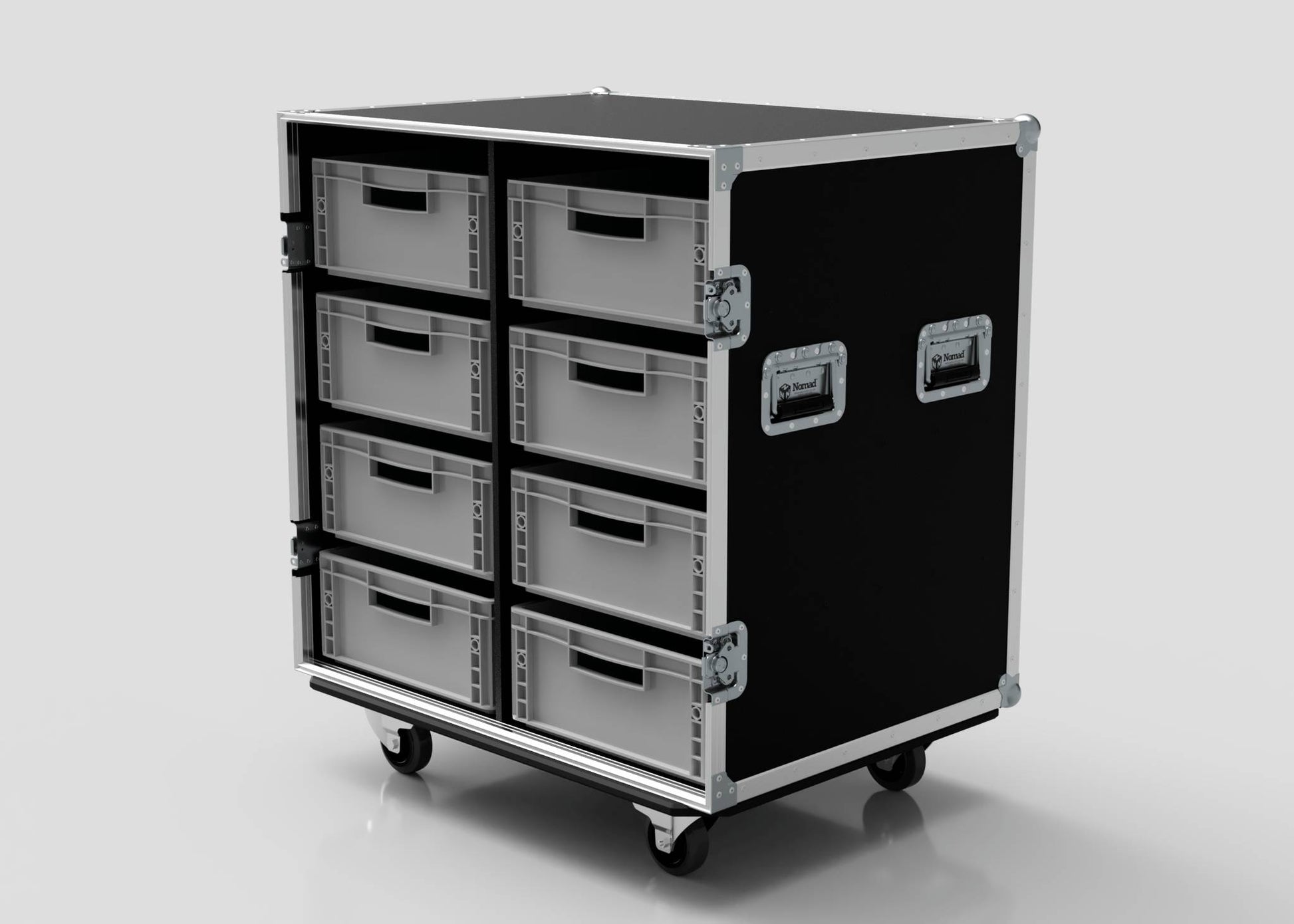The 8 Way Euro Crate Case is a black and silver storage case with wheels, eight food grade polypropylene drawers, metal corner reinforcements, and side handles, shown against a plain white background.