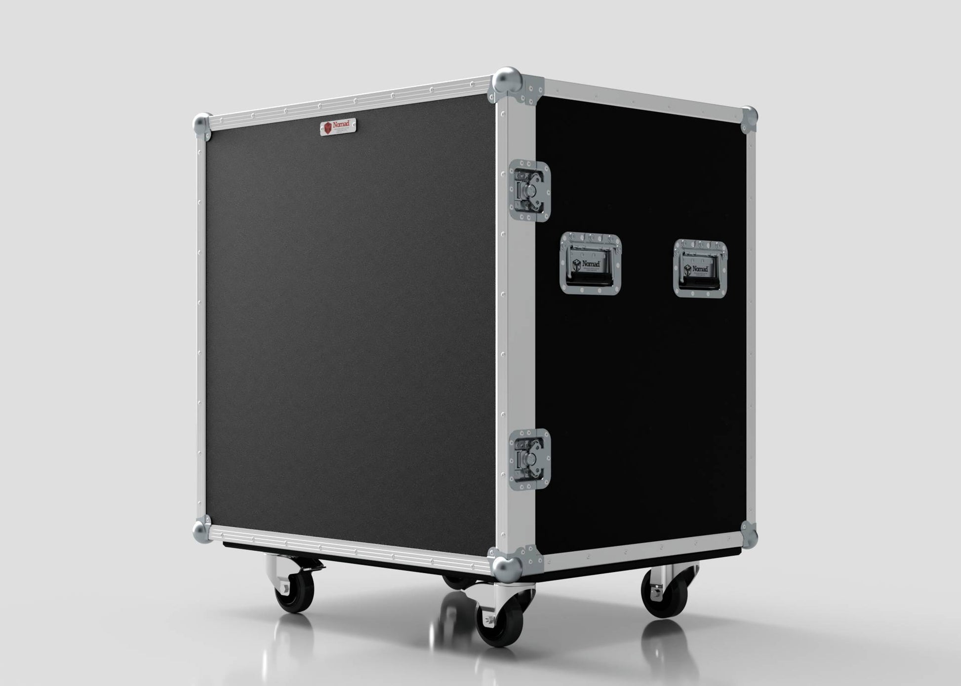 The 8 Way Euro Crate Case is a black rectangular equipment case with metal edges, handles, latches, and four caster wheels, designed for high load capacity against a plain light background.