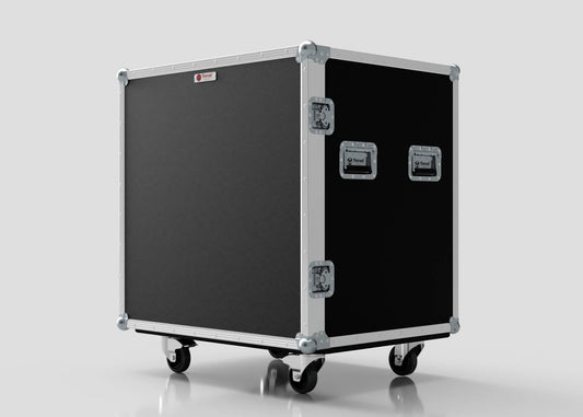 The 8 Way Euro Crate Case is a black rectangular equipment case with metal edges, handles, latches, and four caster wheels, designed for high load capacity against a plain light background.