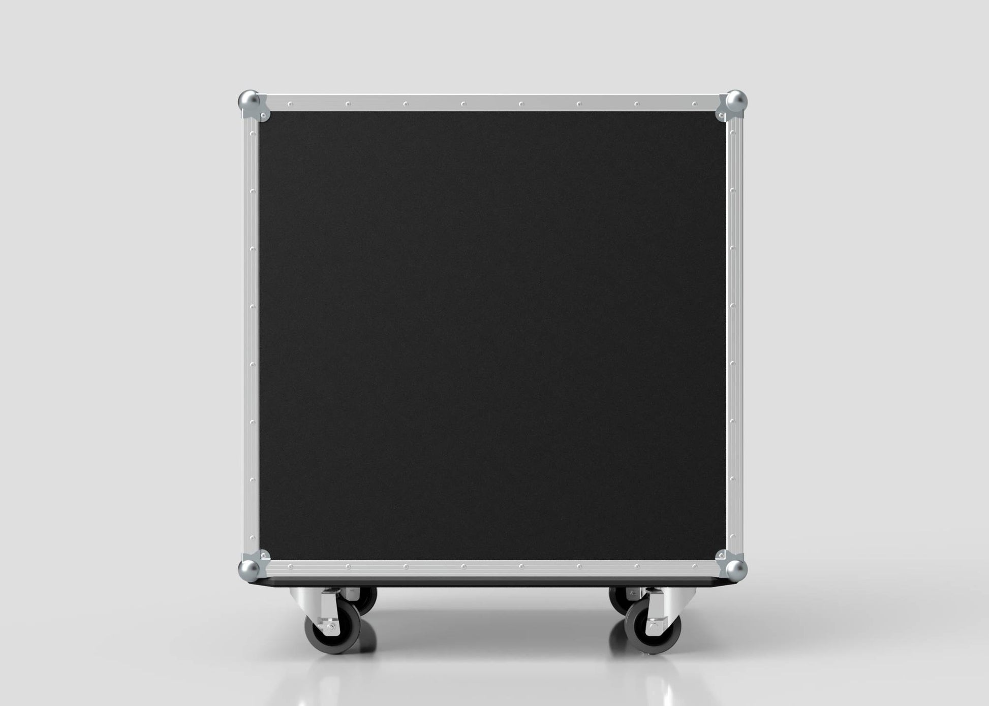 The 8 Way Euro Crate Case is a large, black, rectangular case with metal edges and corners, designed for high load capacity and standing upright on four caster wheels against a plain background.