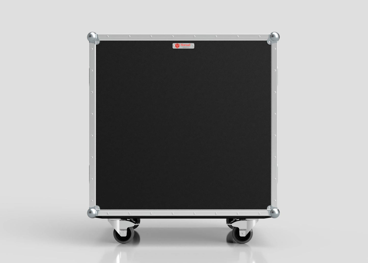 The 8 Way Euro Crate Case is a black, rectangular equipment case with metal edges, corner protectors, and four wheels, designed for high load capacity, shown against a plain light gray background.