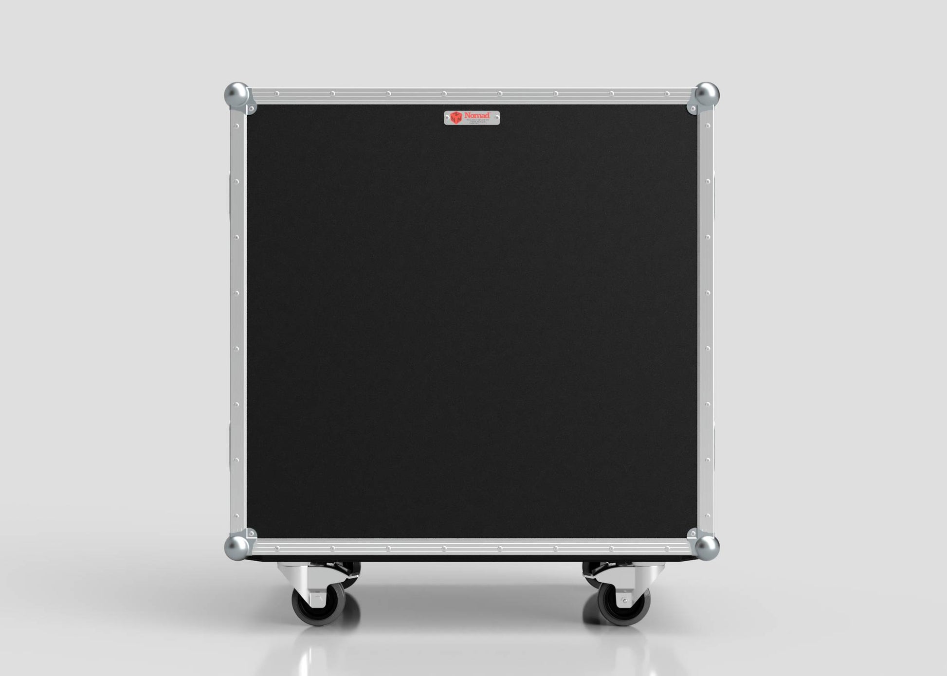 The 8 Way Euro Crate Case is a black, rectangular equipment case with metal edges, corner protectors, and four wheels, designed for high load capacity, shown against a plain light gray background.