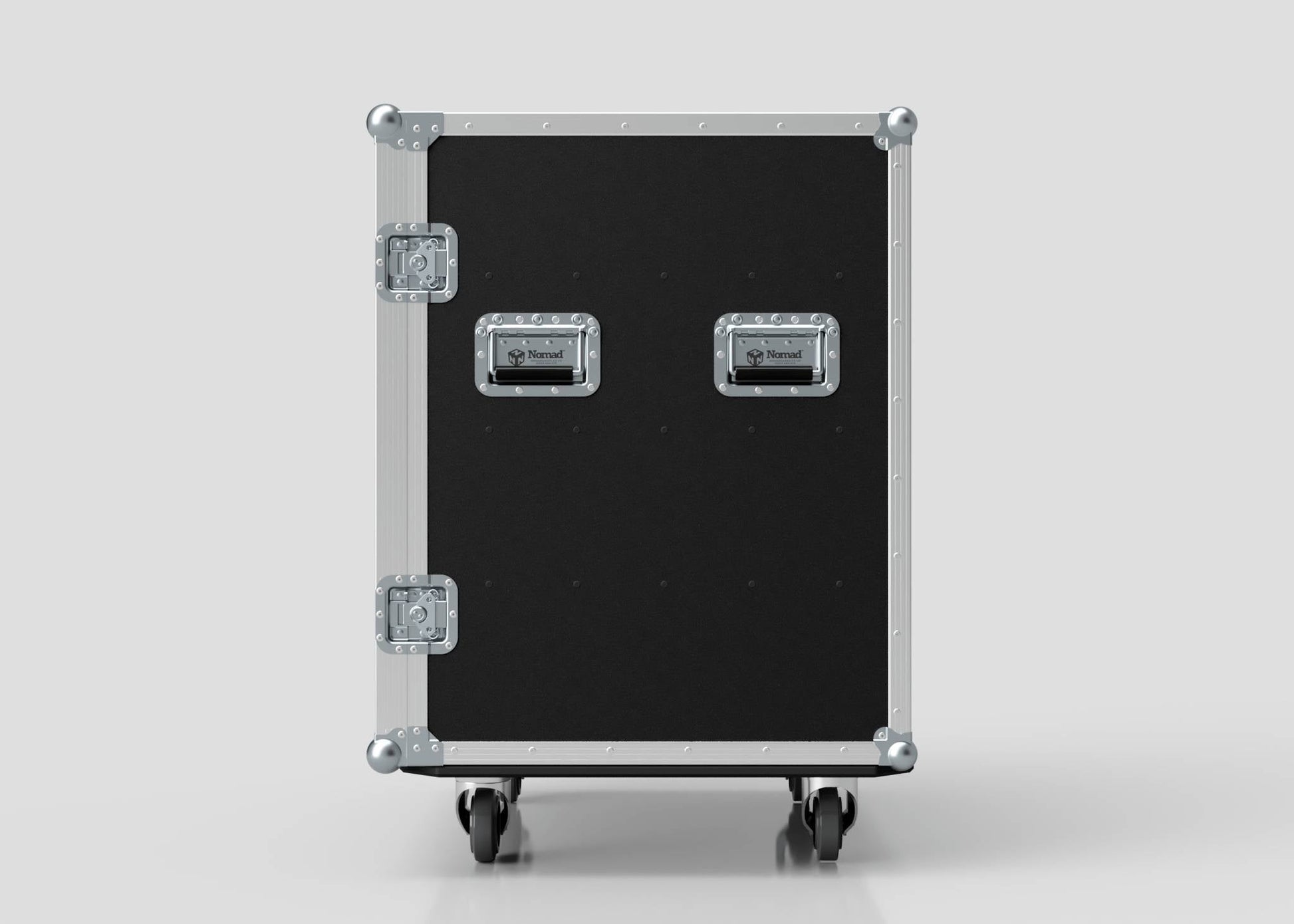 The 8 Way Euro Crate Case is a large black equipment case with metal corners and handles, designed for high load capacity. It stands upright on wheels against a plain white background.