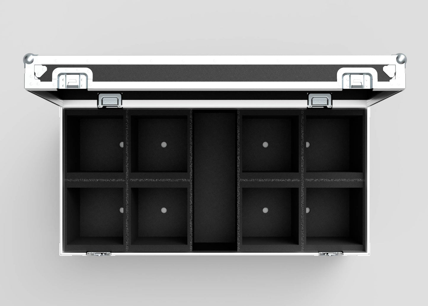 The 8 Way Martin ELP (IP) Par Can Case With Clamps Compartment, shown open with eight empty square compartments from above on a light gray surface, features external dimensions of 1216 x 595 x 606 mm.