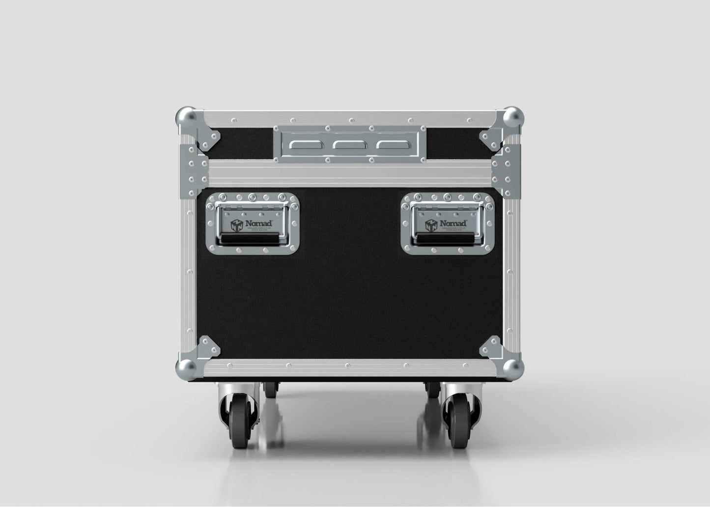 The 8 Way Martin ELP (IP) Par Can Case With Clamps Compartment, a sturdy black and silver rolling equipment case with metal corners and handles (1216 x 595 x 606 mm), is shown against a plain light gray background.