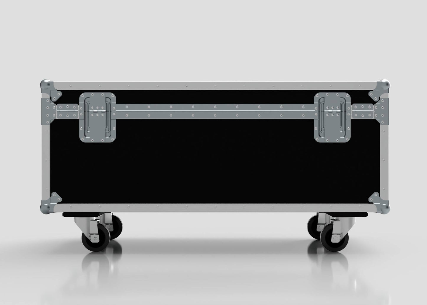 The 8 Way Martin ELP (IP) Par Can Case With Clamps Compartment is a large black road case with metal reinforcements, latches, and four caster wheels. Its external dimensions are 1216 x 595 x 606 mm for safe, easy transport and product sizing.