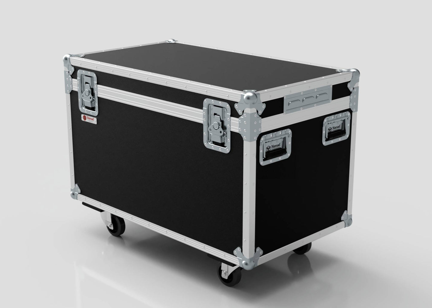 8 Way Martin ELP (IP) Par Can Case With Clamps Fitted: Black rectangular road case with metal edges, reinforced corners, handles, latches, and four caster wheels. External dimensions: 1030 x 595 x 752 mm. Shown against a plain light background.