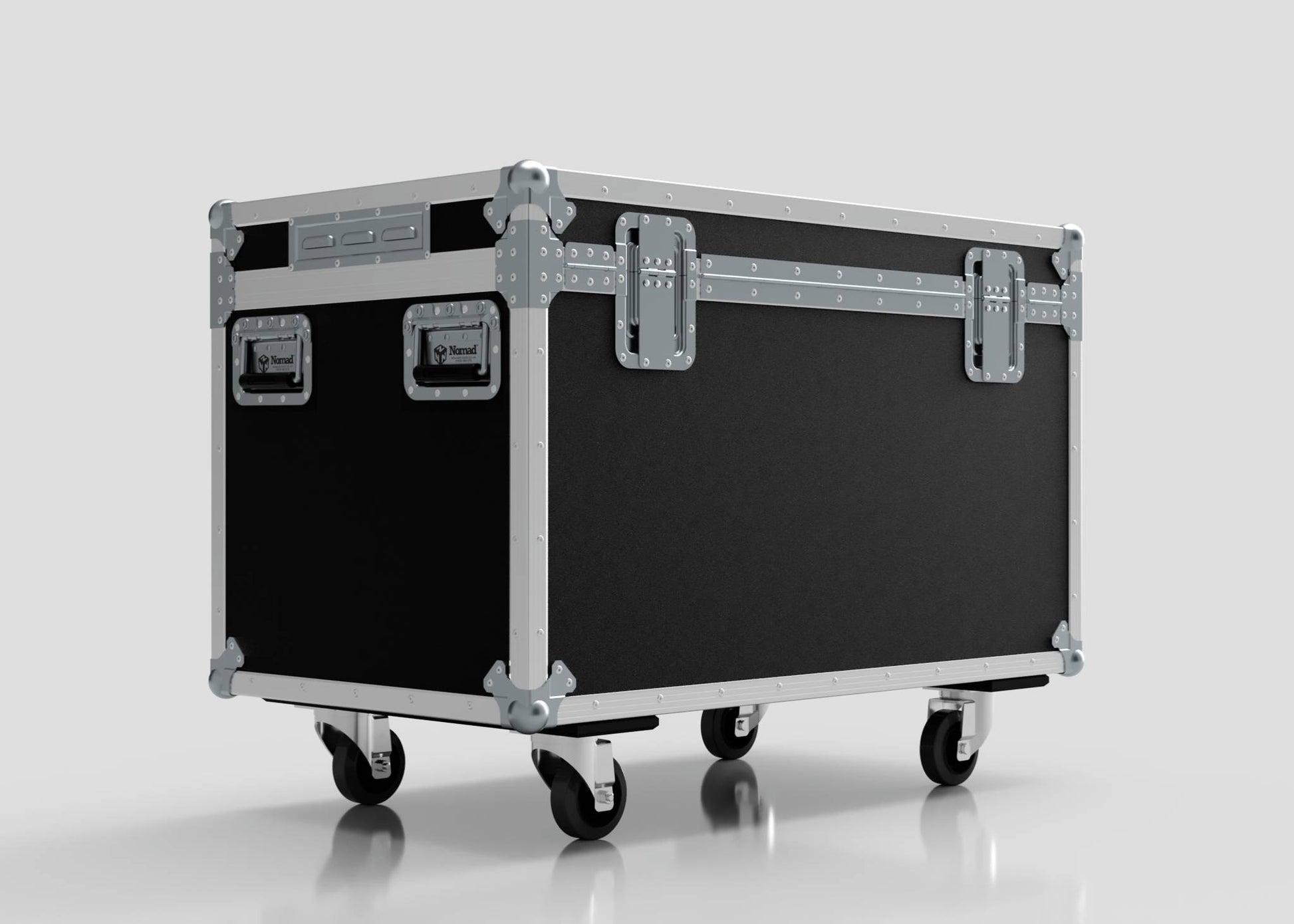 The 8 Way Martin ELP (IP) Par Can Case With Clamps Fitted is a large black road case with metal reinforcements, corner protectors, handles, and latches on four caster wheels. External dimensions: 1030 x 595 x 752 mm.