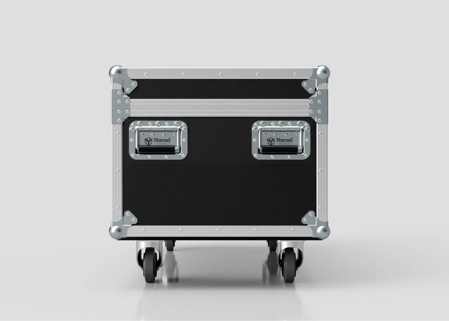 The 8 Way Martin ELP Par Can Case With Clamps Compartment is a black and silver hard case with metal reinforcements and wheels, seen from the front against a plain light background. External dimensions: 1216 x 595 x 606 mm.