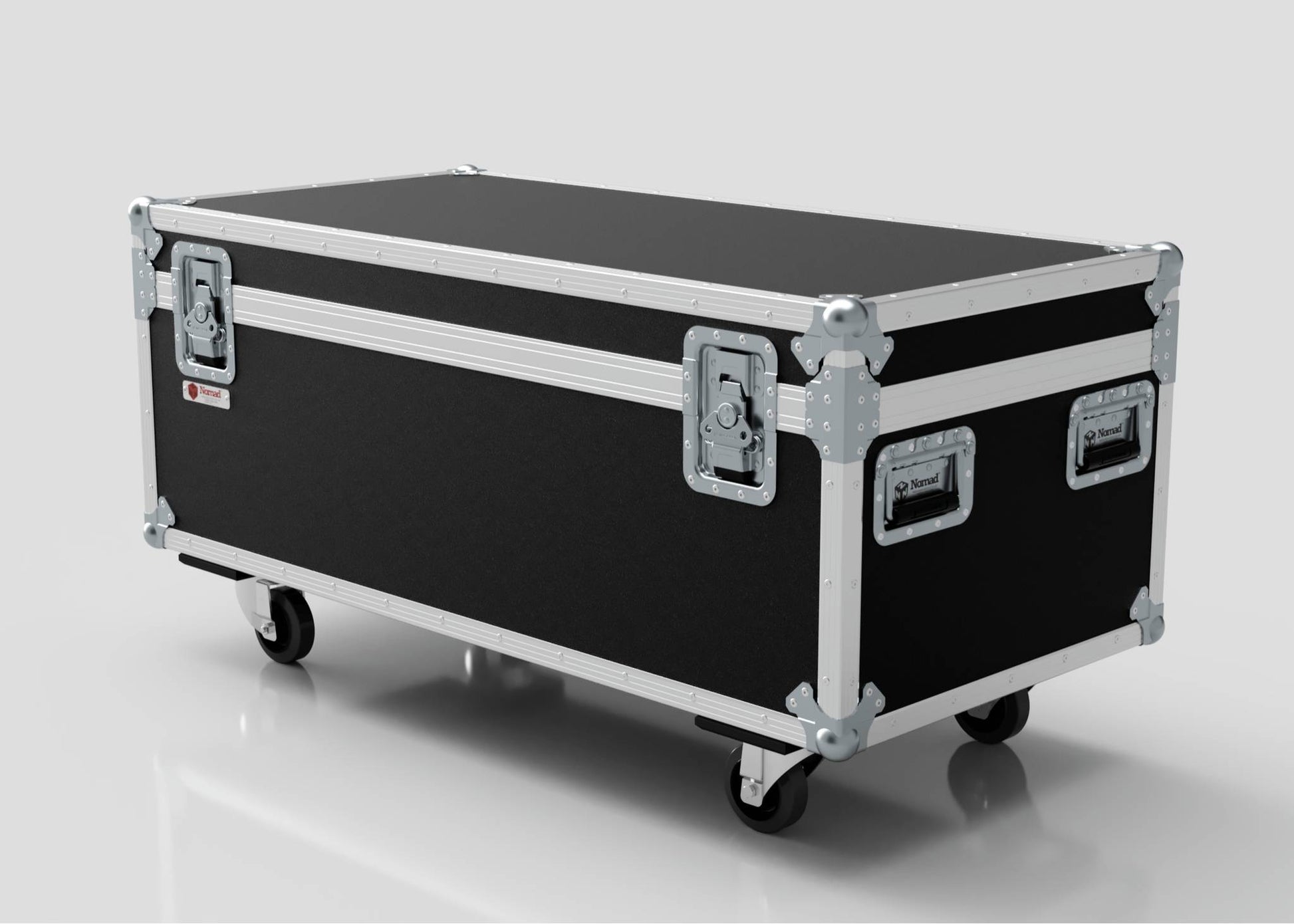 The 8 Way Martin ELP Par Can Case With Clamps Compartment is a large black and silver flight case with metal reinforcements, handles, and four caster wheels, measuring 1216 x 595 x 606 mm, shown on a plain white background.