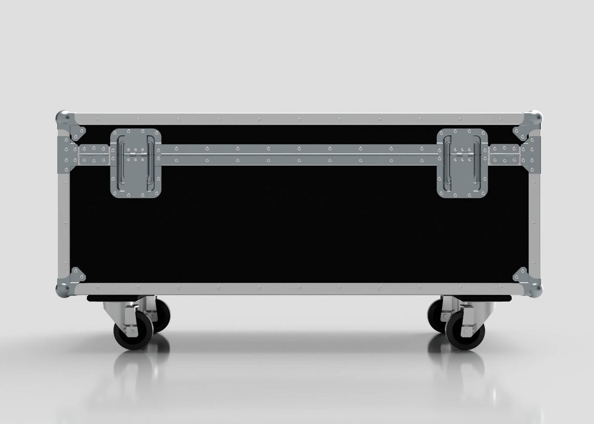 8 Way Martin ELP Par Can Case With Clamps Compartment, black with metal edges and latches, on four caster wheels, external dimensions 1216 x 595 x 606 mm, shown against a plain light background.