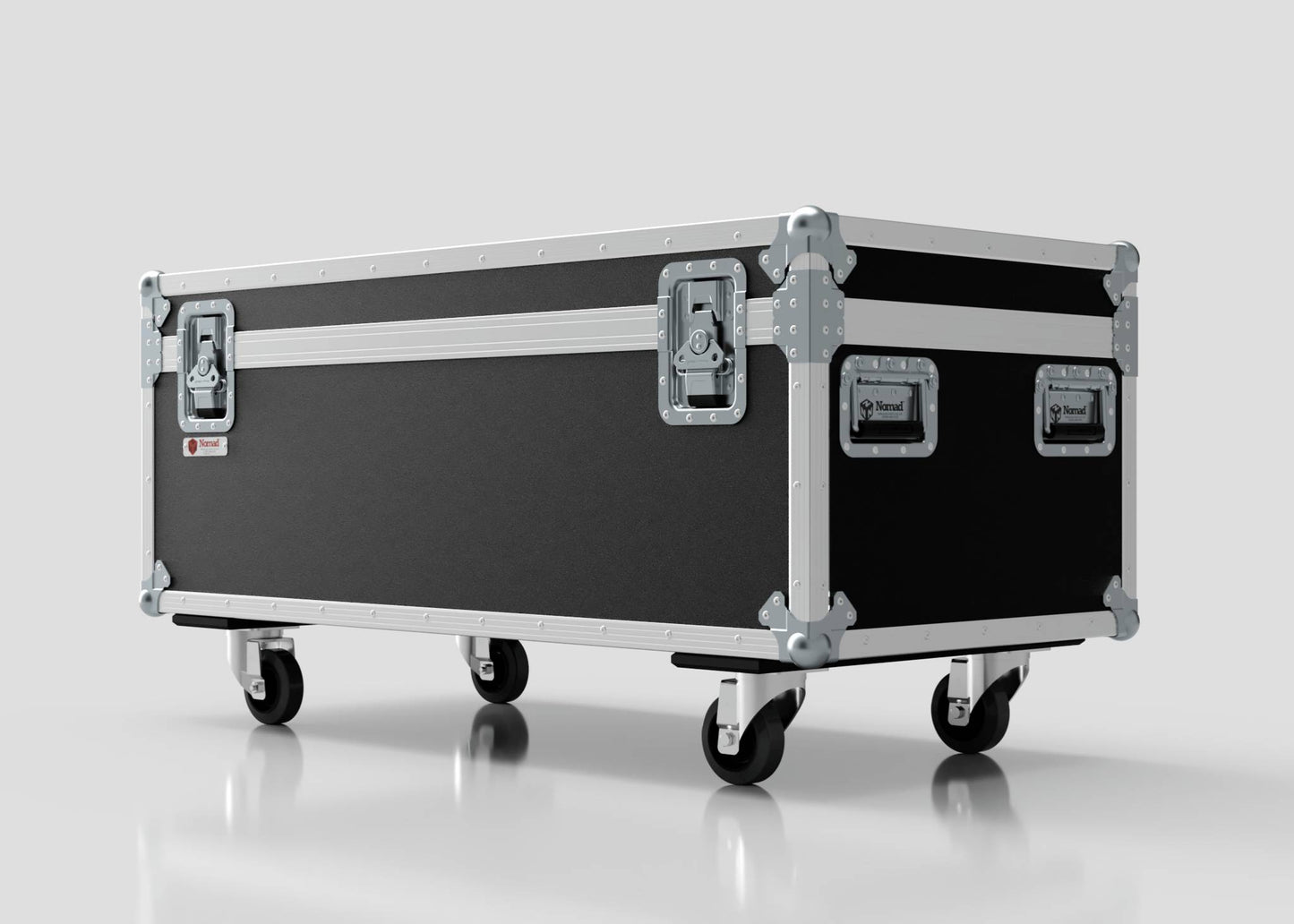 The 8 Way Martin ELP Par Can Case With Clamps Compartment, a large black and silver equipment case with metal reinforcements and four caster wheels, sits on a plain white background; its external dimensions are 1216 x 595 x 606 mm.