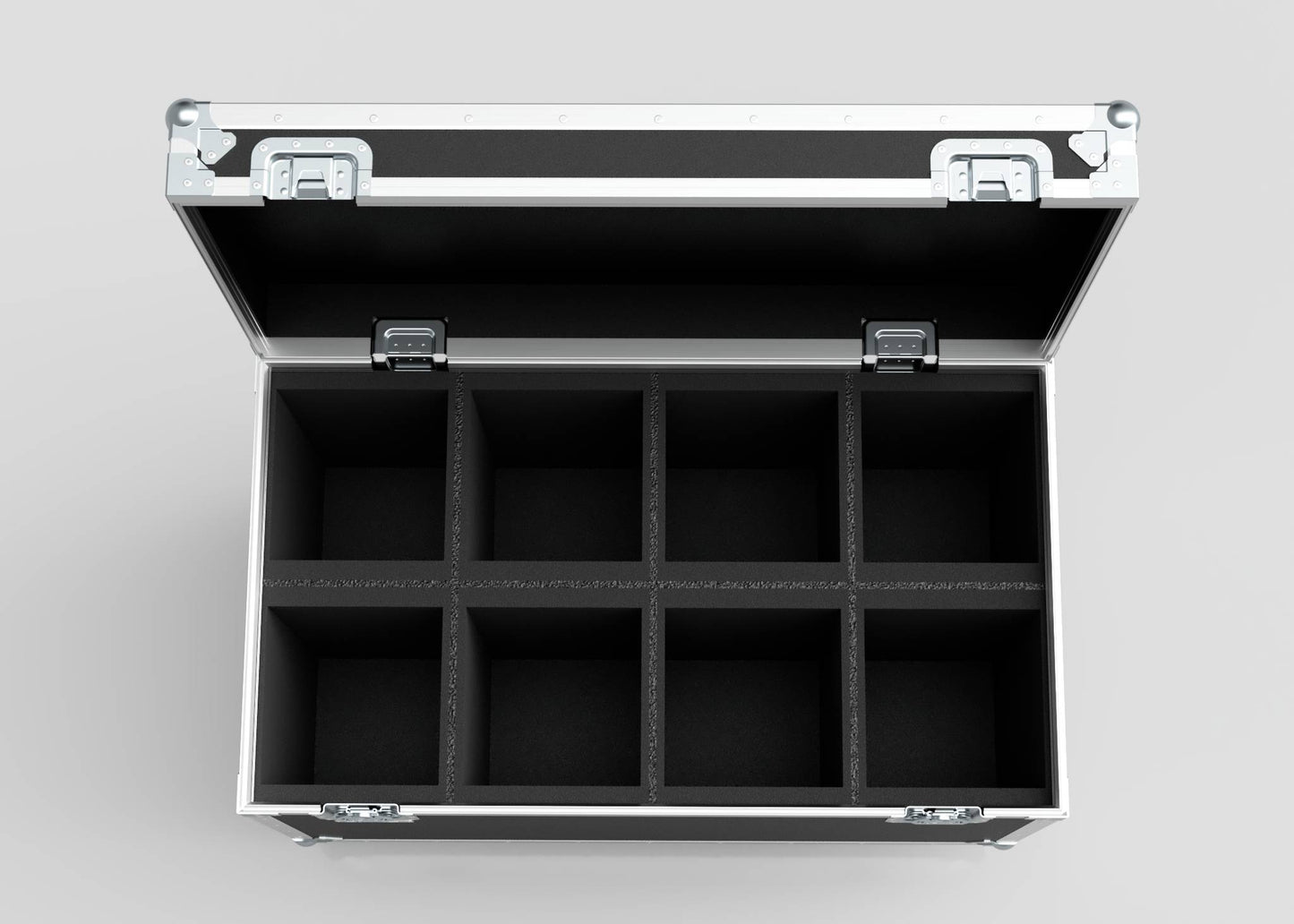 An open 8 Way Martin ELP Par Can Case With Clamps Fitted, black and silver, with eight empty rectangular compartments, seen from above on a light gray background; external dimensions: 1030 x 595 x 752 mm.