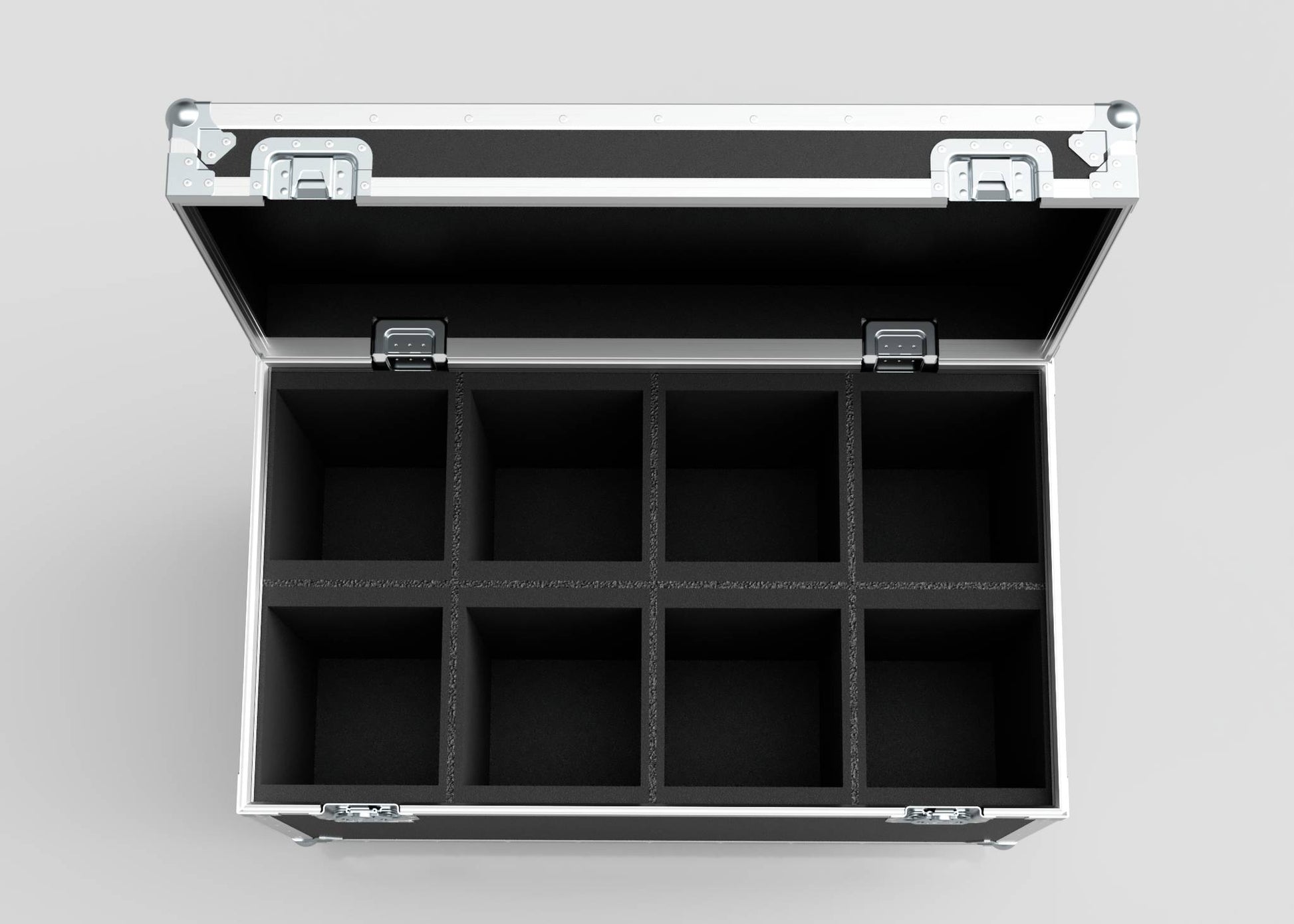 An open 8 Way Martin ELP Par Can Case With Clamps Fitted, black and silver, with eight empty rectangular compartments, seen from above on a light gray background; external dimensions: 1030 x 595 x 752 mm.