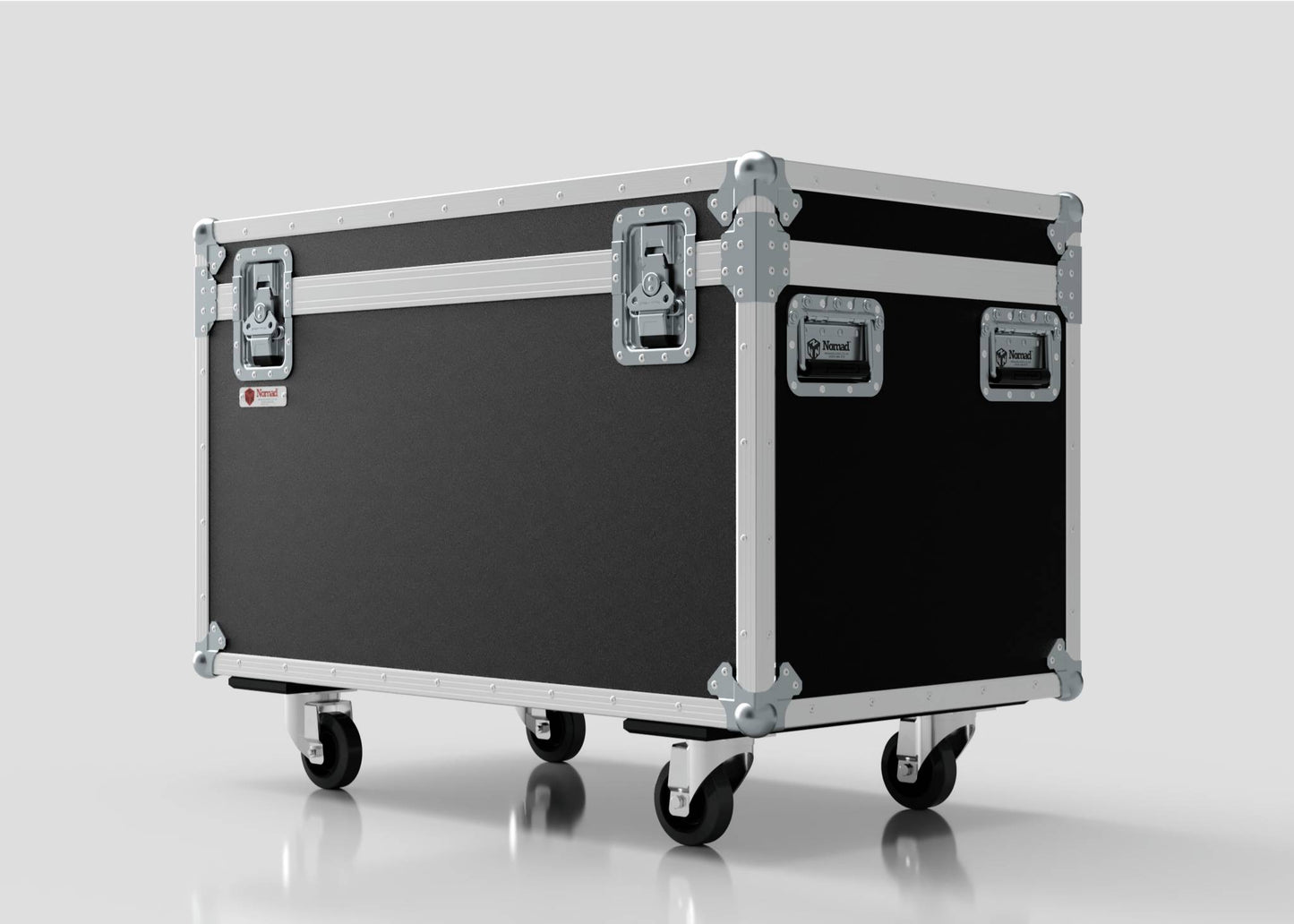 The 8 Way Martin ELP Par Can Case With Clamps Fitted, featuring black and silver metal edges and four wheels, is shown against a white background. Its external dimensions are 1030 x 595 x 752 mm.