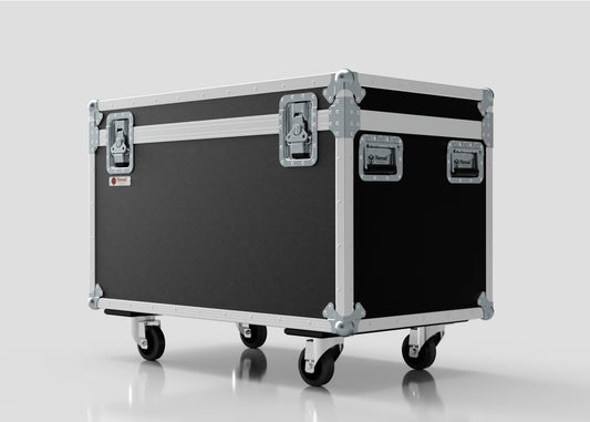 The 8 Way Martin ELP Par Can Case With Clamps Fitted, featuring black and silver metal edges and four wheels, is shown against a white background. Its external dimensions are 1030 x 595 x 752 mm.
