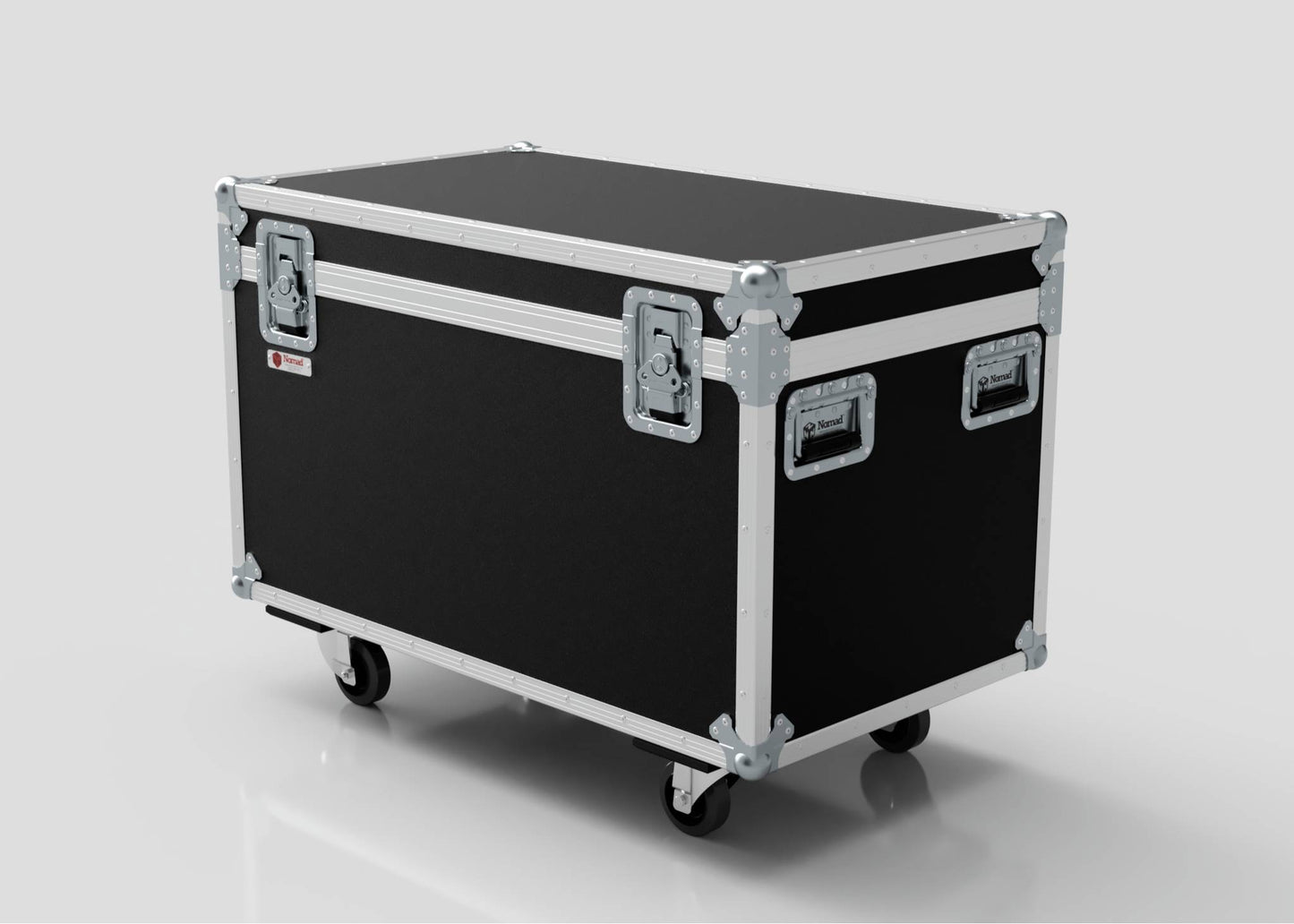 The 8 Way Martin ELP Par Can Case With Clamps Fitted is a black and silver hard case with four wheels, metal-reinforced corners, side handles, and external dimensions of 1030 x 595 x 752 mm, designed for transporting equipment.