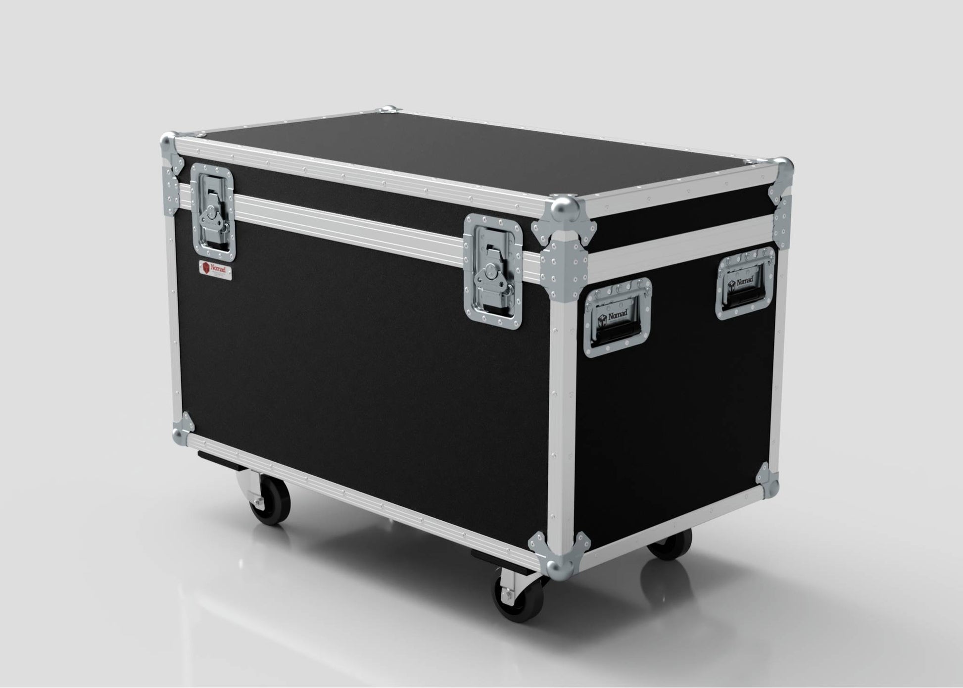 The 8 Way Martin ELP Par Can Case With Clamps Fitted is a black and silver hard case with four wheels, metal-reinforced corners, side handles, and external dimensions of 1030 x 595 x 752 mm, designed for transporting equipment.