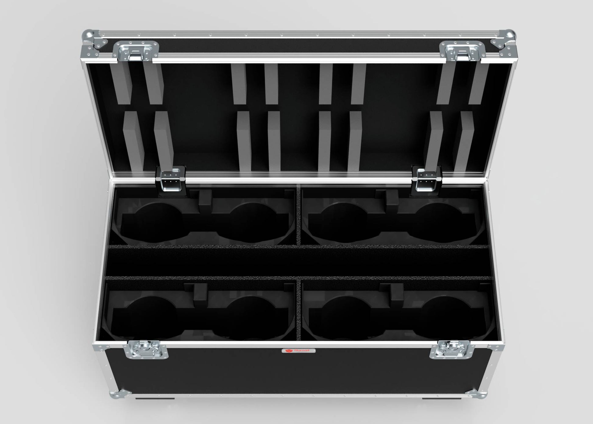 The 8 Way Martin Mac One Case is a black hard case with an open lid, foam-padded compartments for secure transport of eight round objects, and external dimensions of 1231 x 600 x 674 mm.