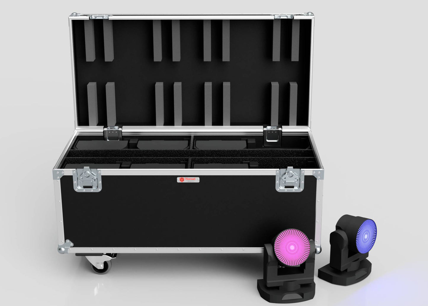 An 8 Way Martin Mac One Case, a large black road case with foam inserts and external dimensions of 1231 x 600 x 674 mm, is open on the floor, with a purple and a blue stage light positioned in front.