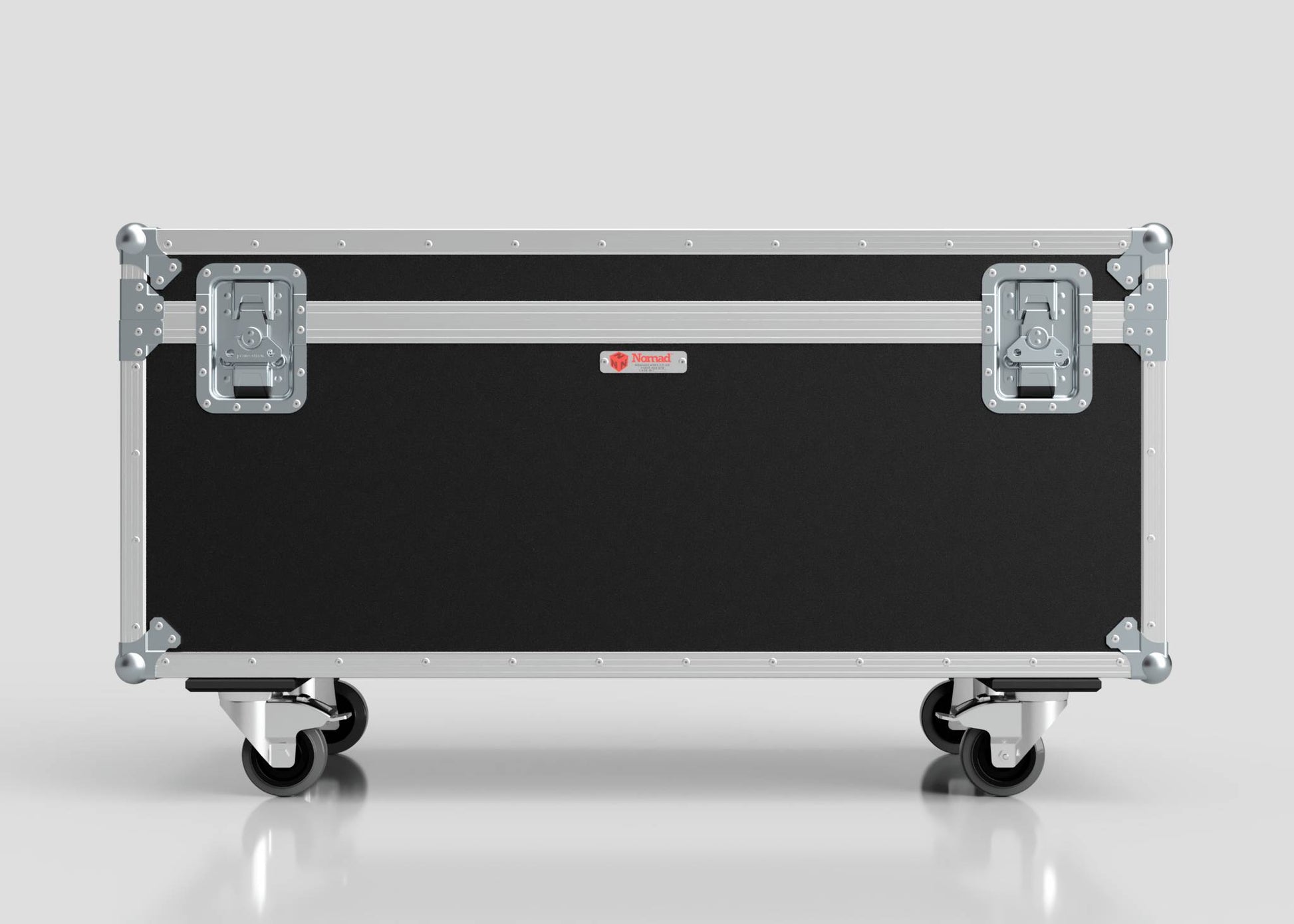 The 8 Way Martin Mac One Case is a large black and silver hard case with metal reinforcements and latches, set on four caster wheels, and measures 1231 x 600 x 674 mm, shown against a plain light background.