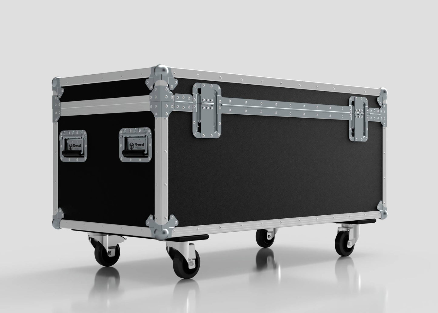 The 8 Way Martin Mac One Case, a large black flight case with metal reinforcements and latches on four caster wheels, is shown against a plain background. Its external dimensions are 1231 x 600 x 674 mm.