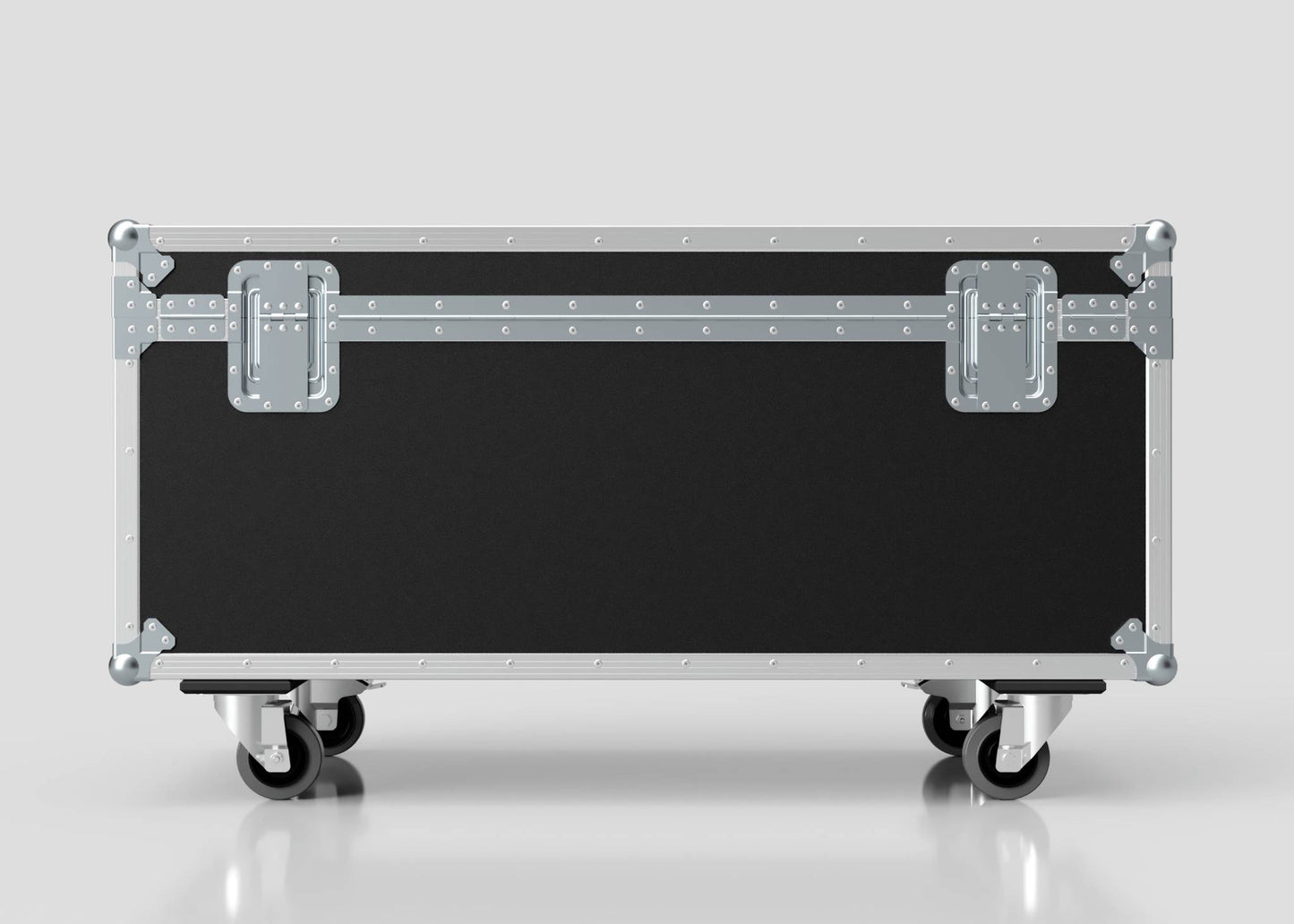 The 8 Way Martin Mac One Case is a large black and silver metal equipment case with wheels, closed and viewed from the front on a smooth reflective surface; its external dimensions are 1231 x 600 x 674 mm.