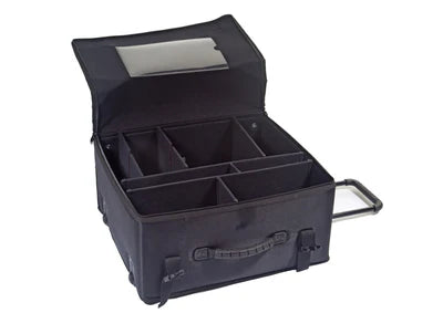 A black rolling storage case with a handle, open to display multiple adjustable interior compartments and a clear pocket on the lid.