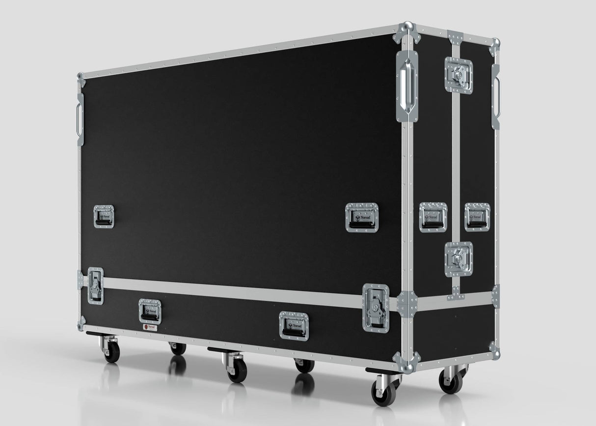 An 80" Double Screen Case in large black design with metal reinforcements, handles, latches, and four caster wheels, shown against a plain light background.